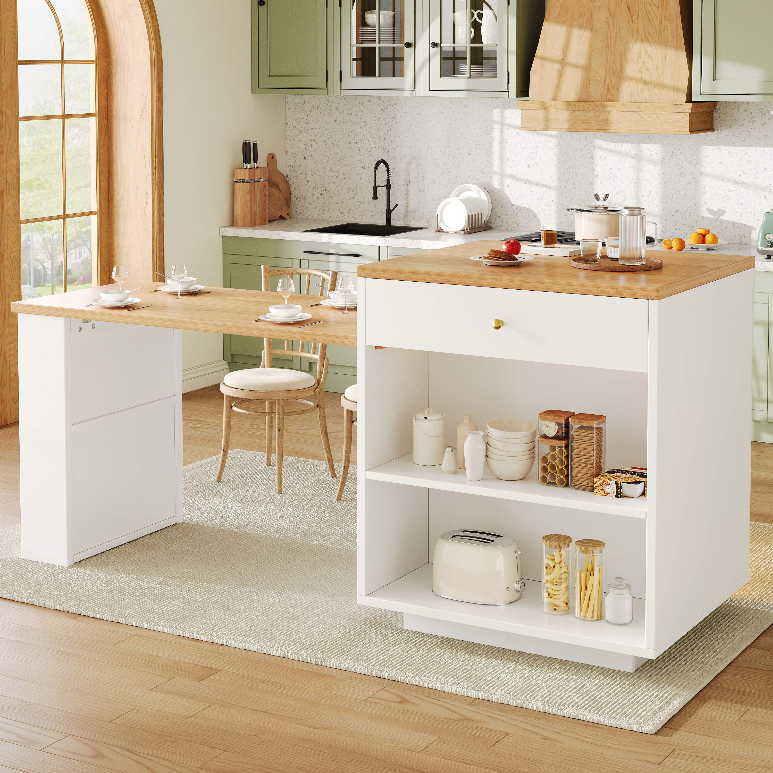 Îlot de cuisine avec rangement, extensible et blanc, tiroirs, LED RGB, vitrine, table ajustable 122,5-195,5 cm, Panneau composite de fibres de bois à densité