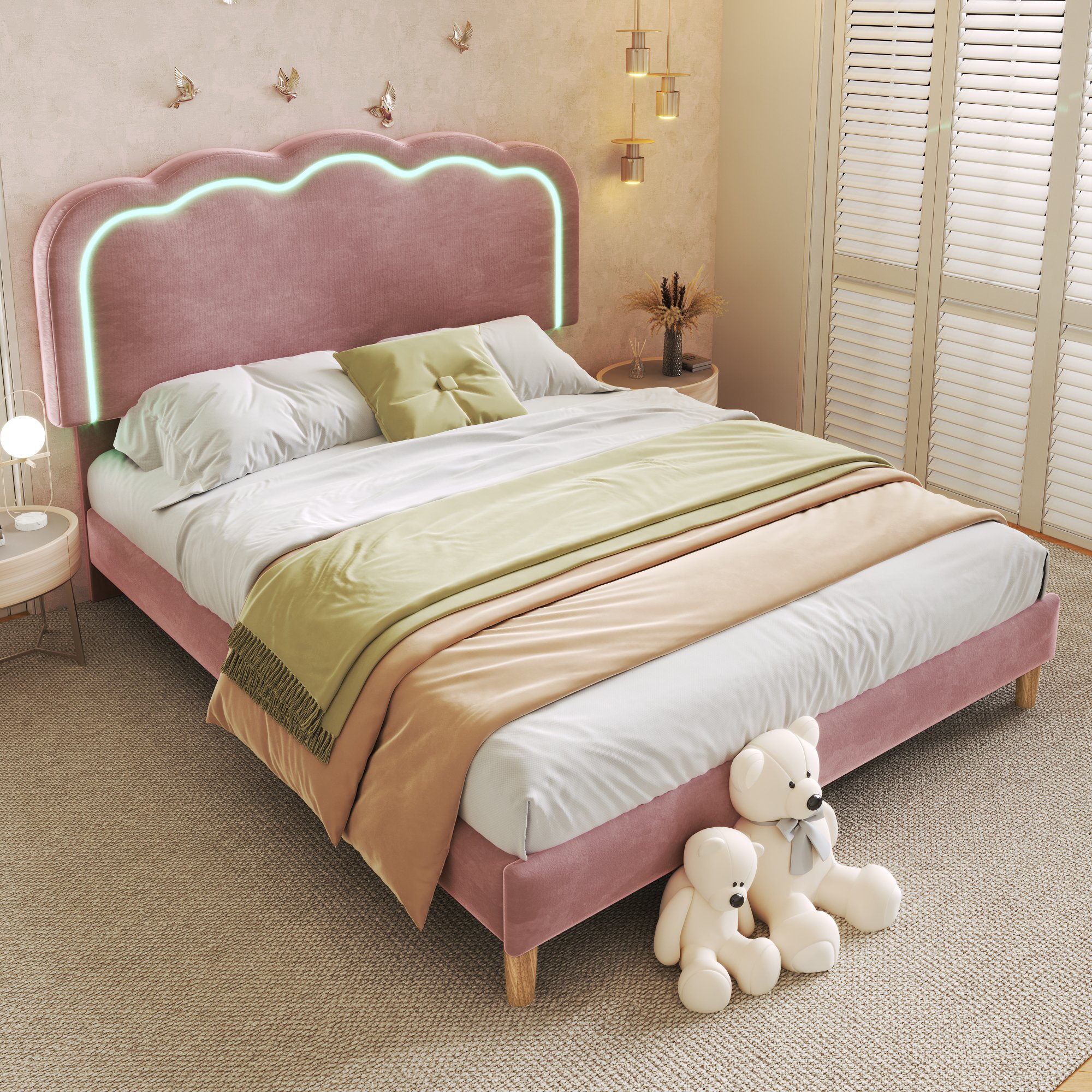 Lit double rembourré 140x200 en velours rose avec tête de lit LED réglable et sommier à lattes, style contemporain moderne