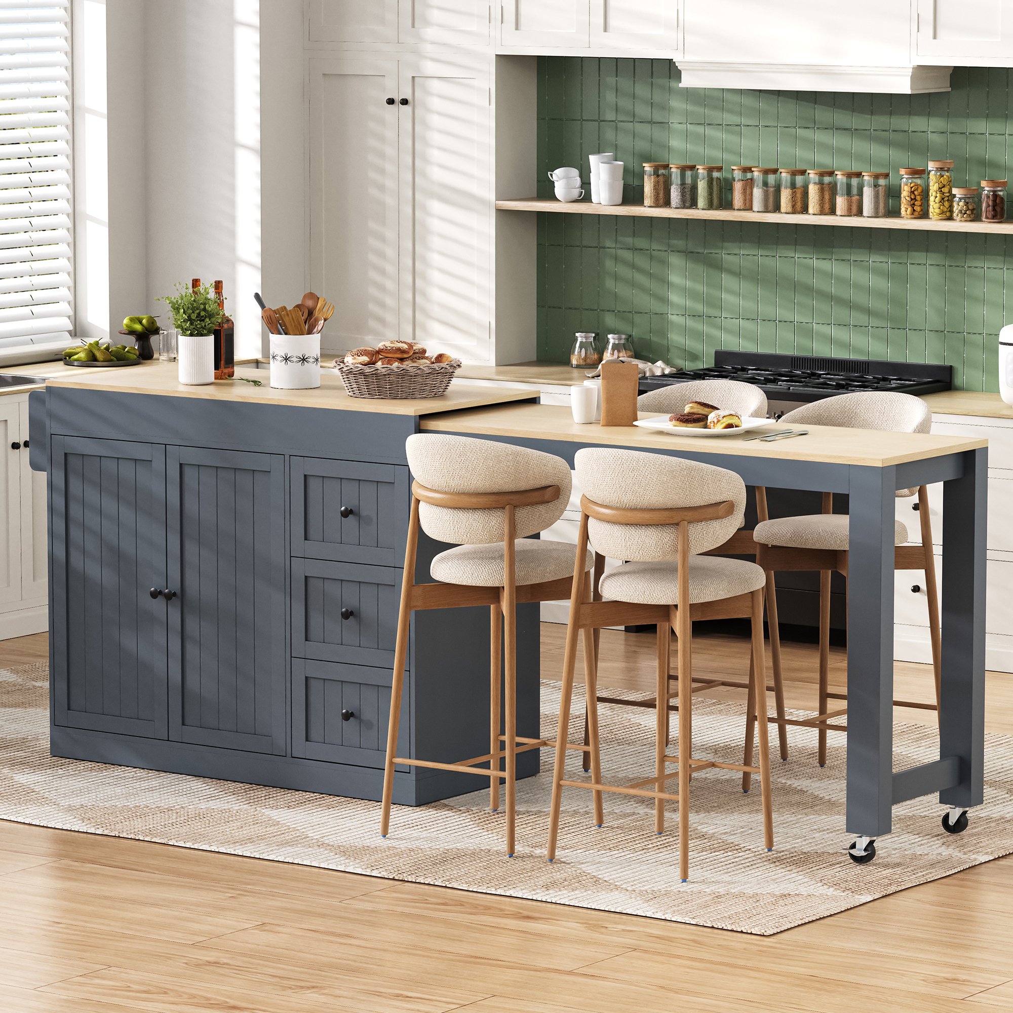 Îlot de cuisine en Panneau composite de fibres de bois à densité gris avec plan de travail extensible, rangements intégrés, tiroirs, sur roulettes, 130 x 45 x 93 cm