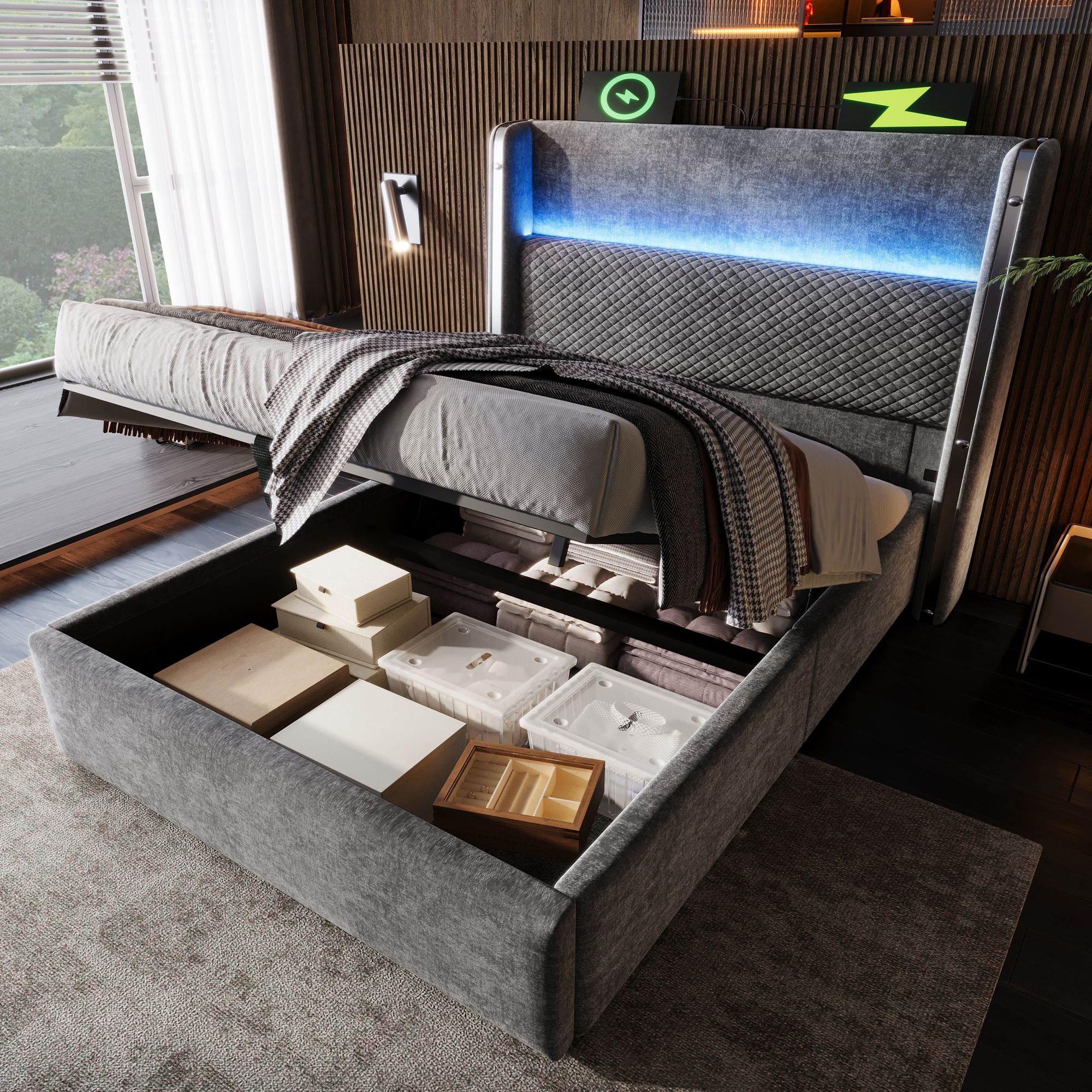 lit coffre 90x200 avec matelas, tête haute LED et rangement hydraulique gris lin