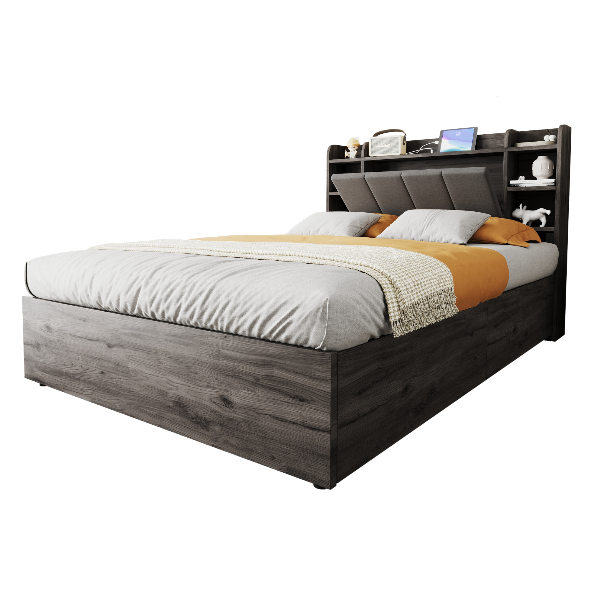 Lit coffre 140x200 gris avec rangement hydraulique, tête de lit avec étagères, USB et Type-C, sommier à lattes