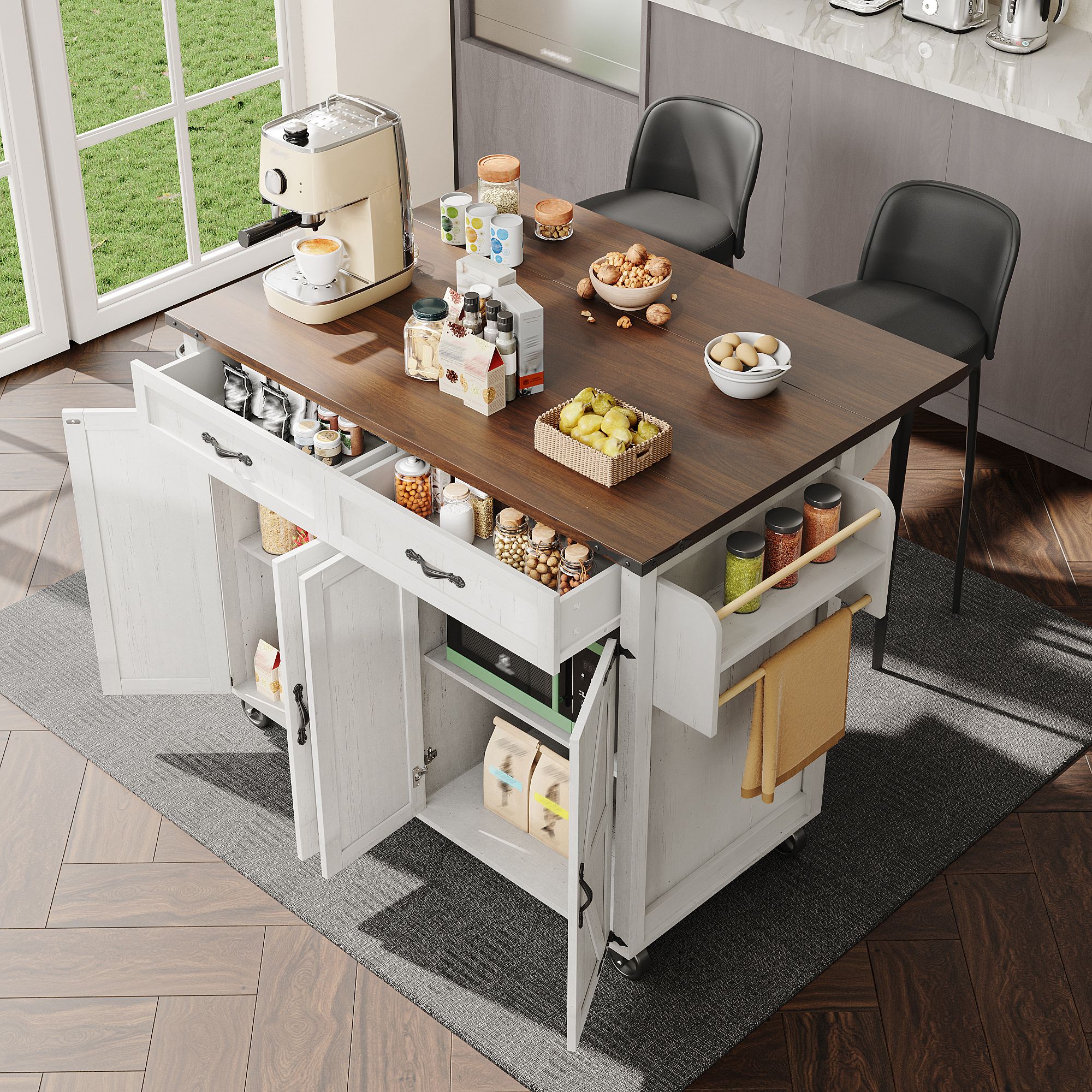 Îlot de cuisine en Panneau composite de fibres de bois à densité blanc avec plan en noyer, structure métallique, 2 tiroirs et 2 armoires, 140 cm, sur roulettes