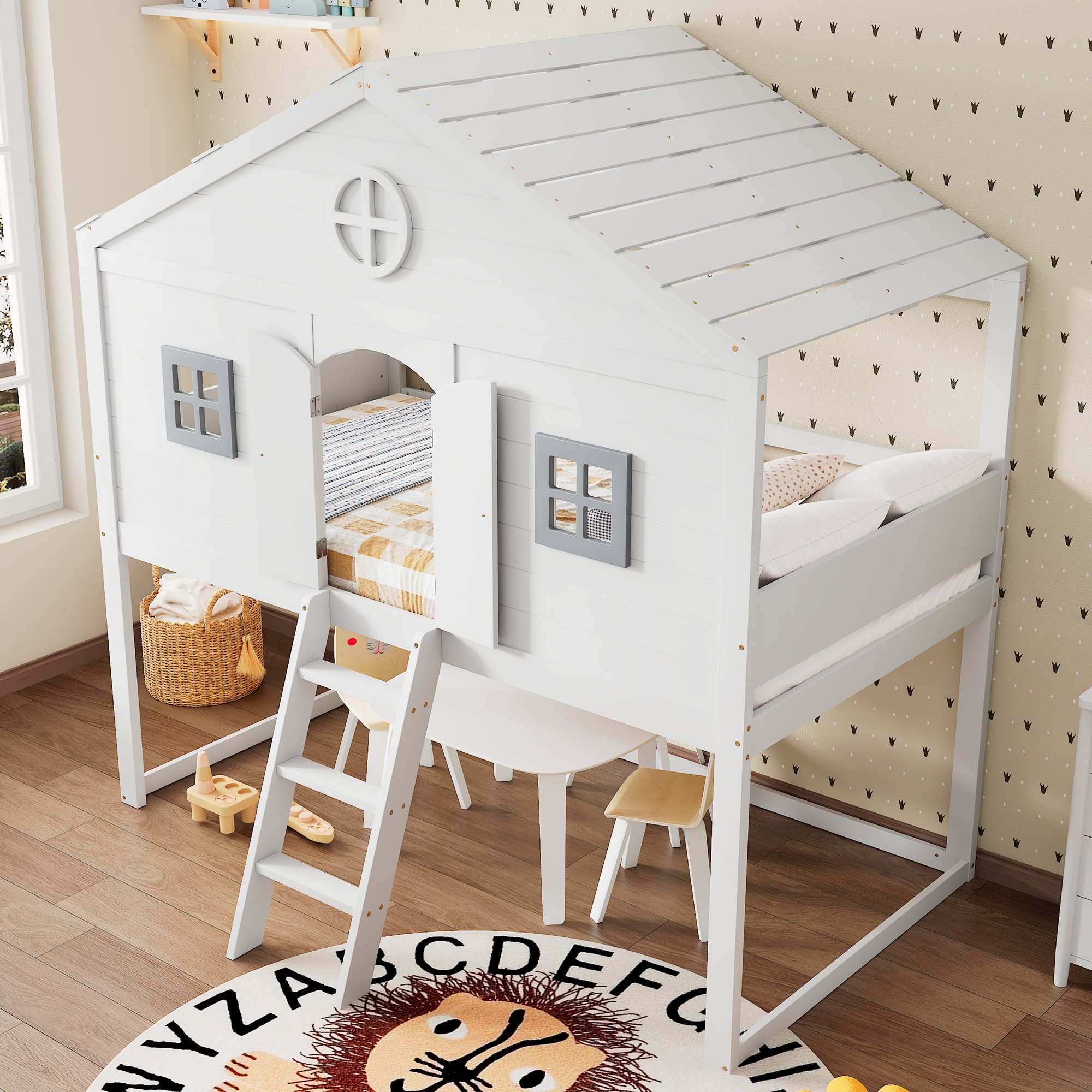 Lit cabane 90x200 en pin blanc et gris avec échelle, garde-corps et rangement