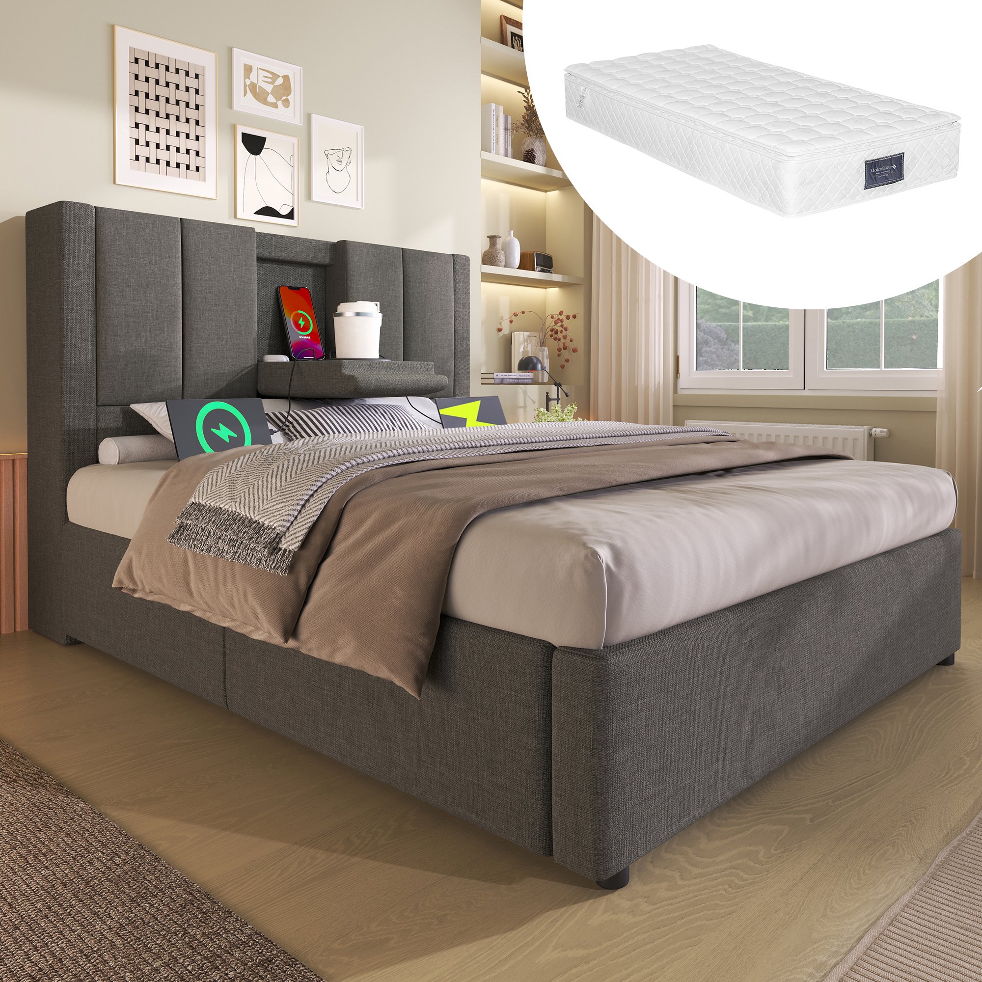 lit coffre 90x200 gris avec matelas 7 zones, station charge USB Type-C et porte-gobelet intégré, rangement sous lit