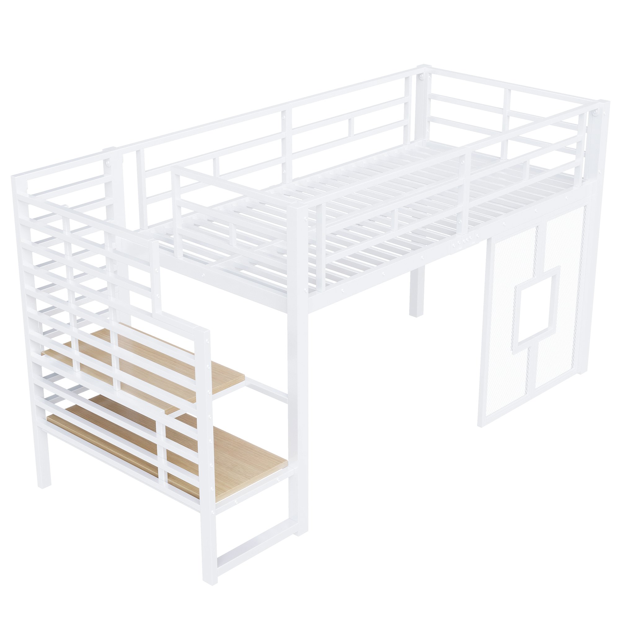 Lit mezzanine 90x200 avec escalier et rangement, LED intégrée, blanc, métal et Panneau composite de fibres de bois à densité