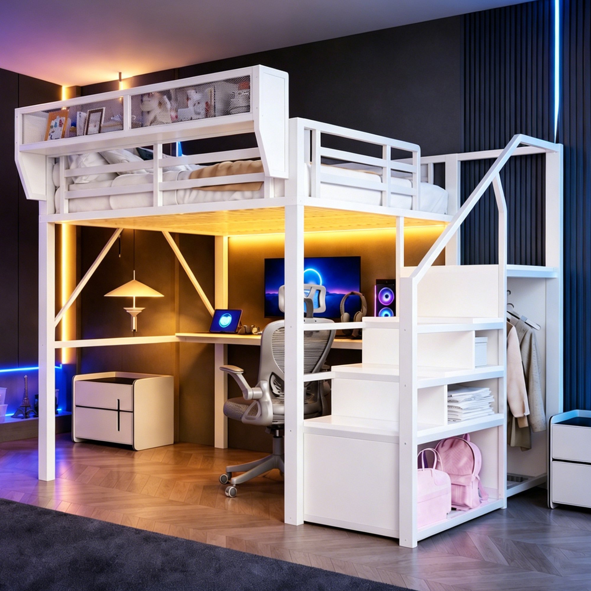 Lit mezzanine 140x200 cm pour adulte et enfant, avec bureau et rangements intégrés