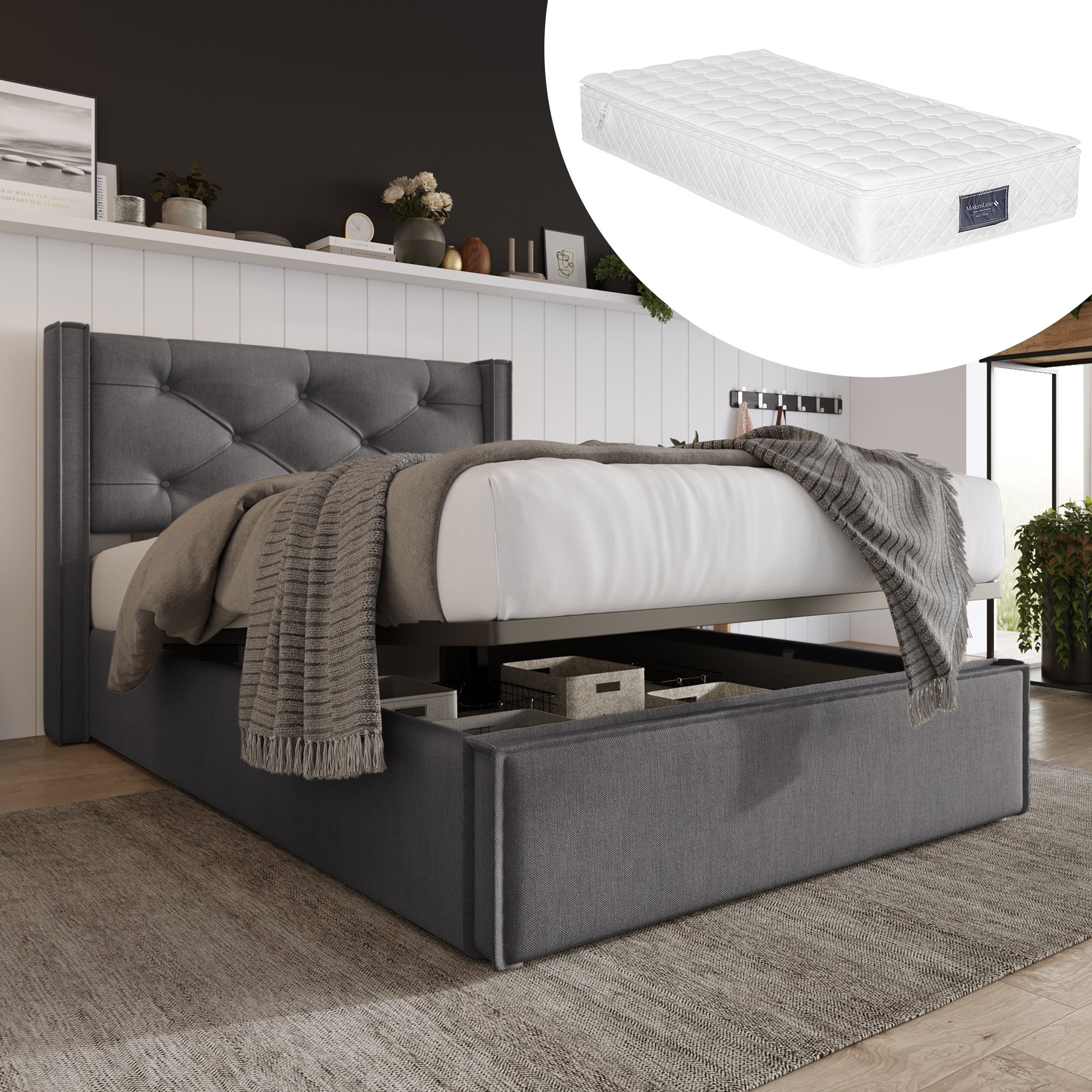 lit coffre 90x200 gris, cadre en métal et bois massif, lit simple rembourré avec matelas et coffre de stockage