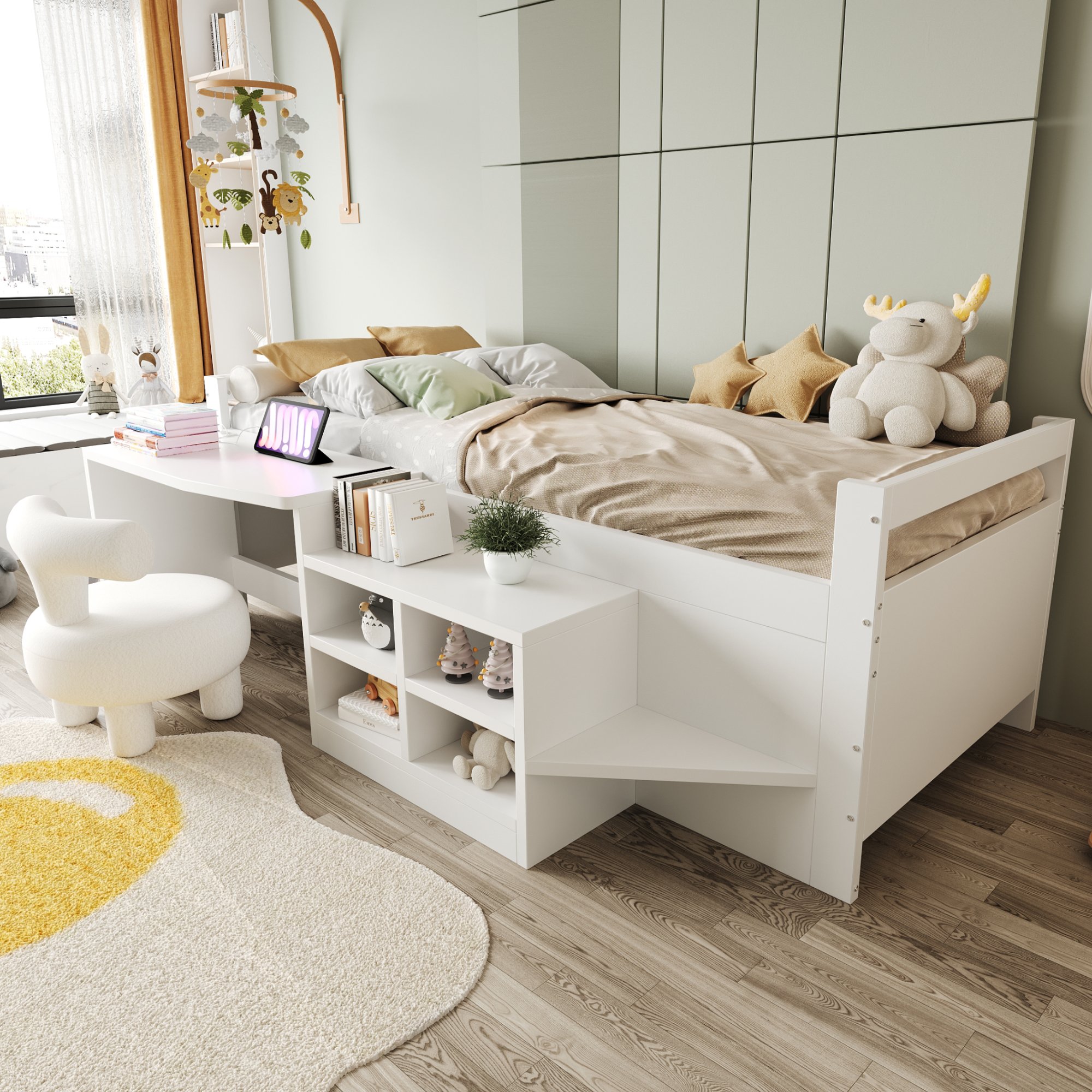 Lit enfant 90x200 avec bureau et rangements intégrés - Lit blanc avec prises USB et échelle