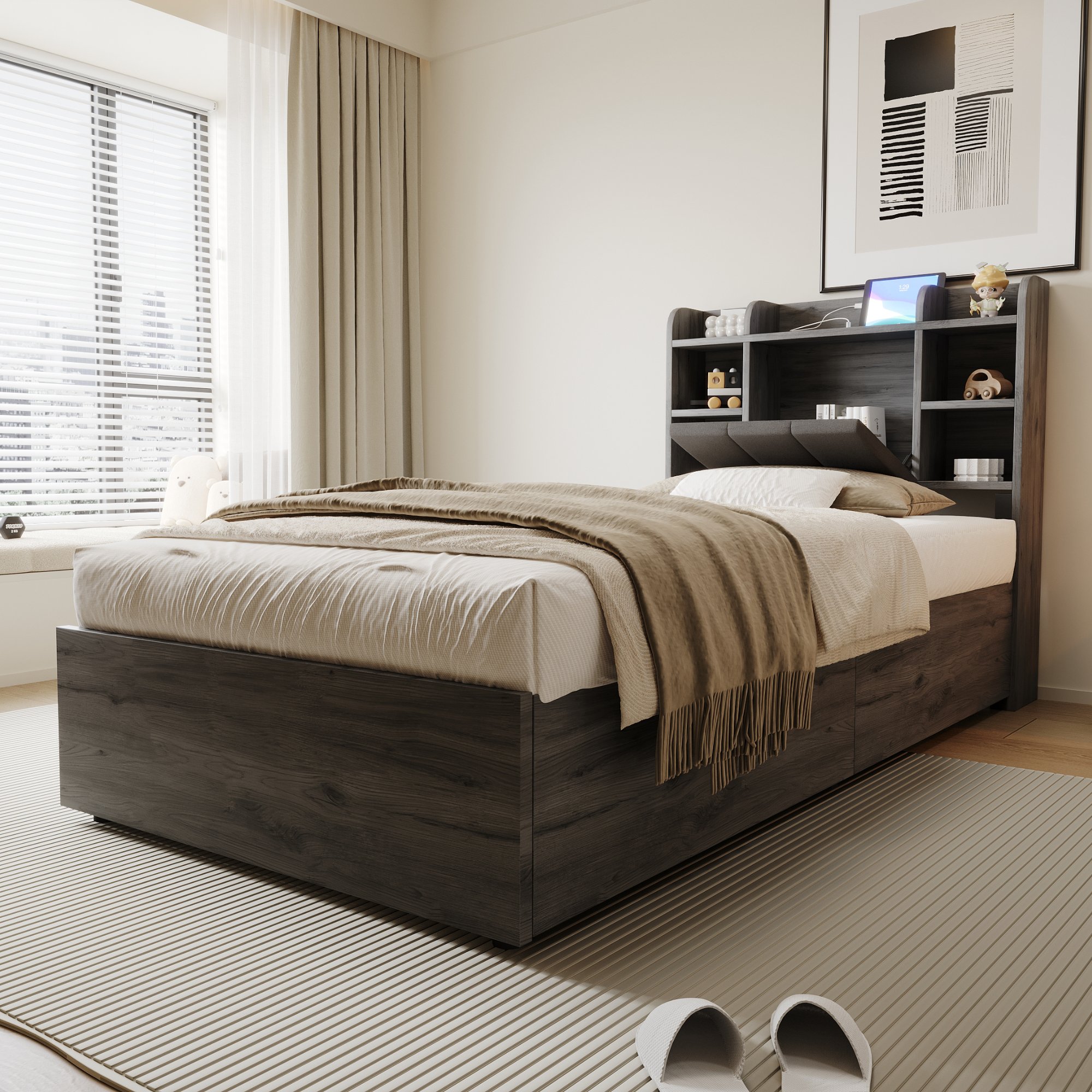 Lit coffre 90x200 en Panneau composite de fibres de bois à densité et contreplaqué, gris, avec rangement hydraulique et tête de lit rembourrée, sans matelas