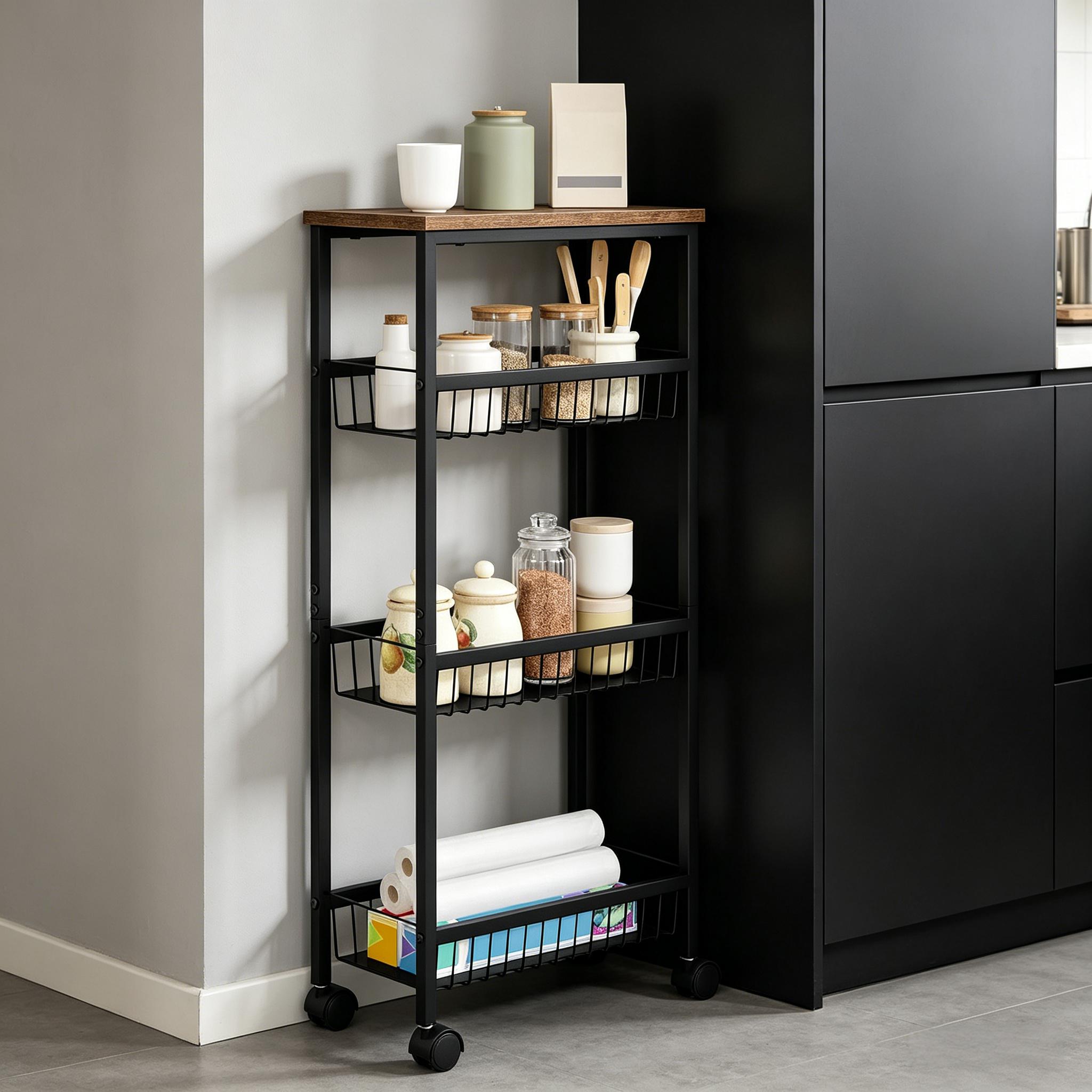 Îlot de cuisine sur roulettes avec rangement, chariot de service noir, 4 niveaux, dimensions 40x20x87 cm, pour cuisine et salon