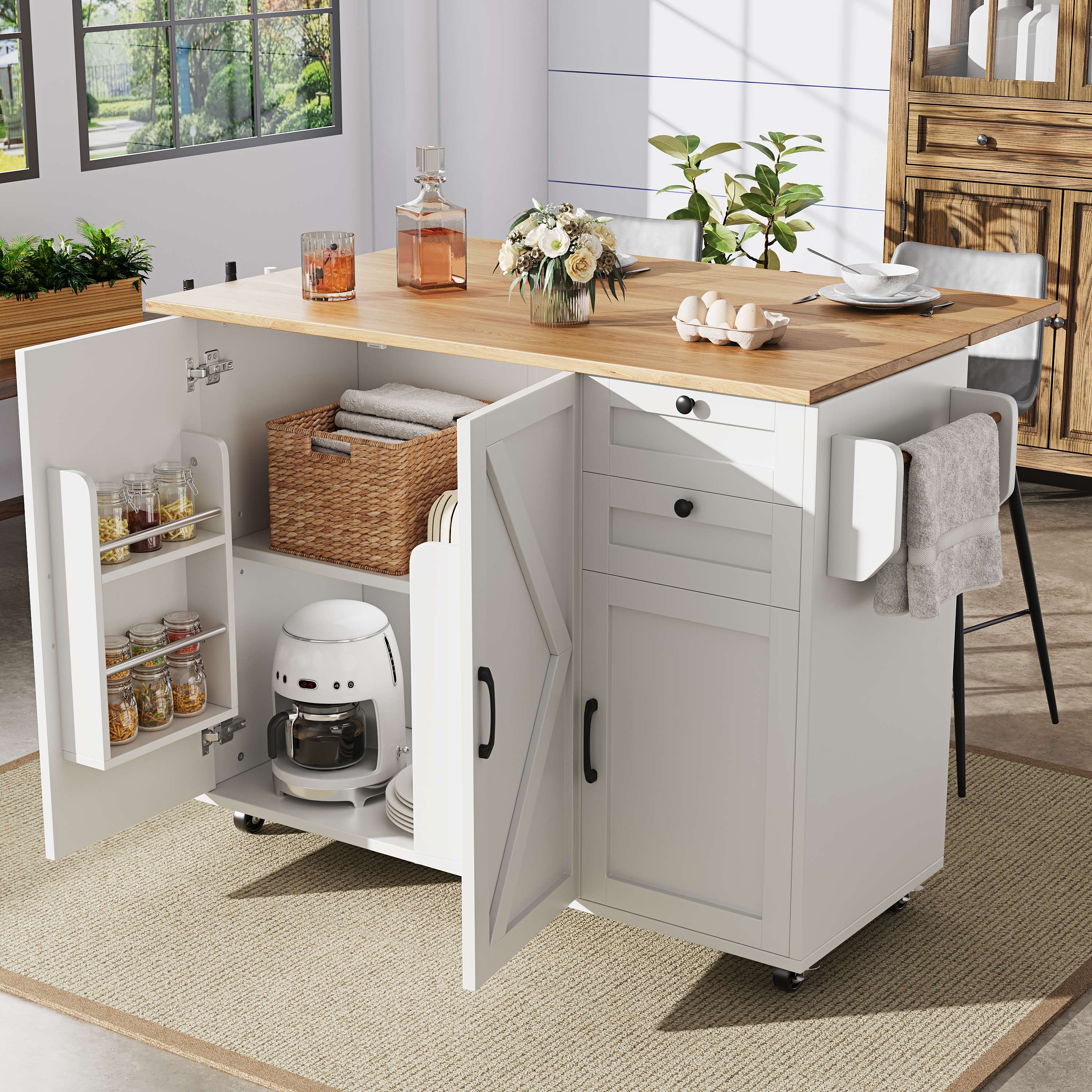 Îlot de cuisine en Panneau composite de fibres de bois à densité blanc, structure métallique, 120x43,2x92 cm, avec rangement, table pliante, 5 roulettes, 2 tiroirs