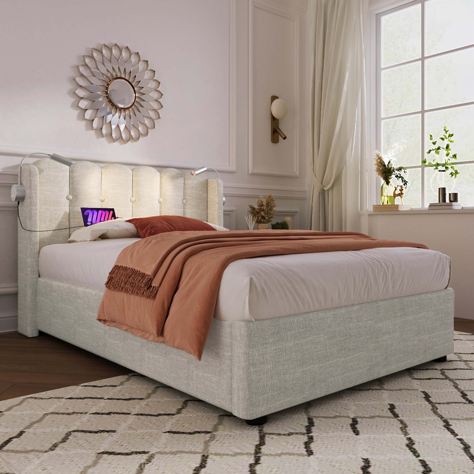 lit coffre 90x200 avec LED et USB, lit une place en lin beige avec coffre de rangement et sommier à lattes