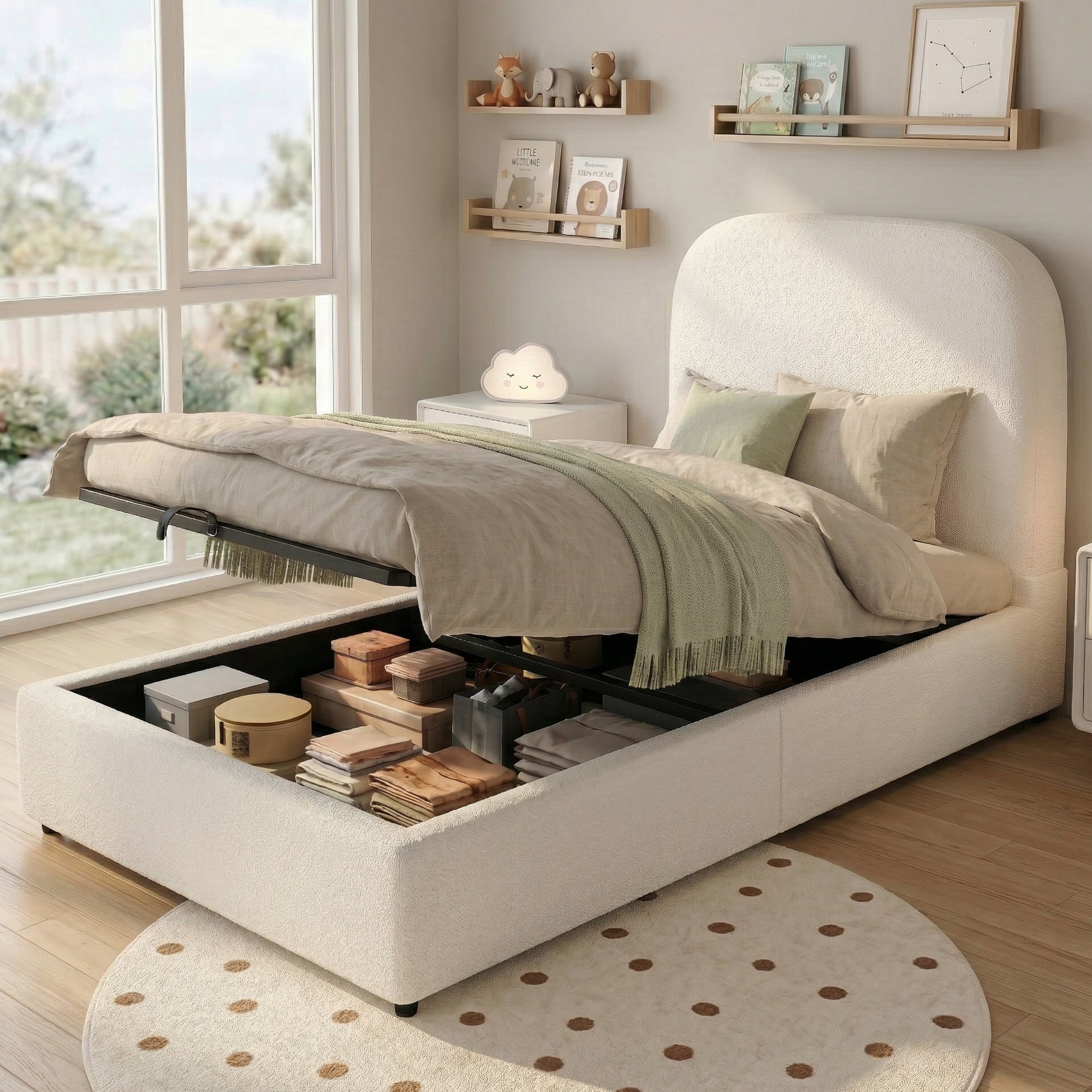 Lit coffre simple 90x200 cm avec grand rangement hydraulique sous le lit, structure stable et sécurisée pour chambre d'enfant
