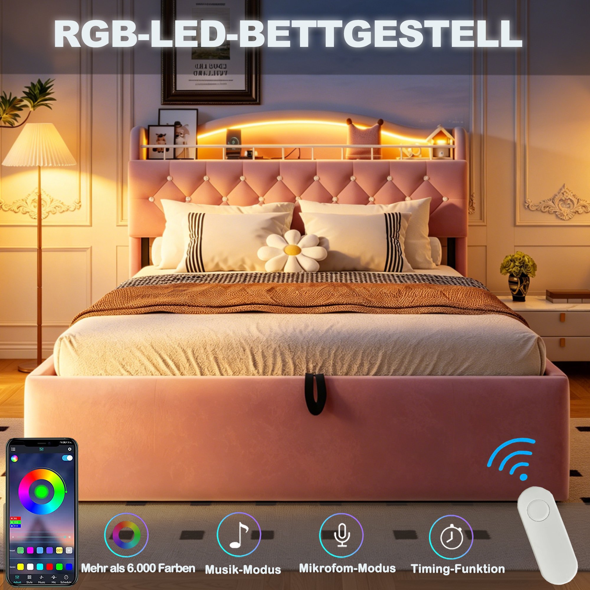Lit coffre 180x200 en velours rose, structure métallique et sommier à lattes, avec LED et USB