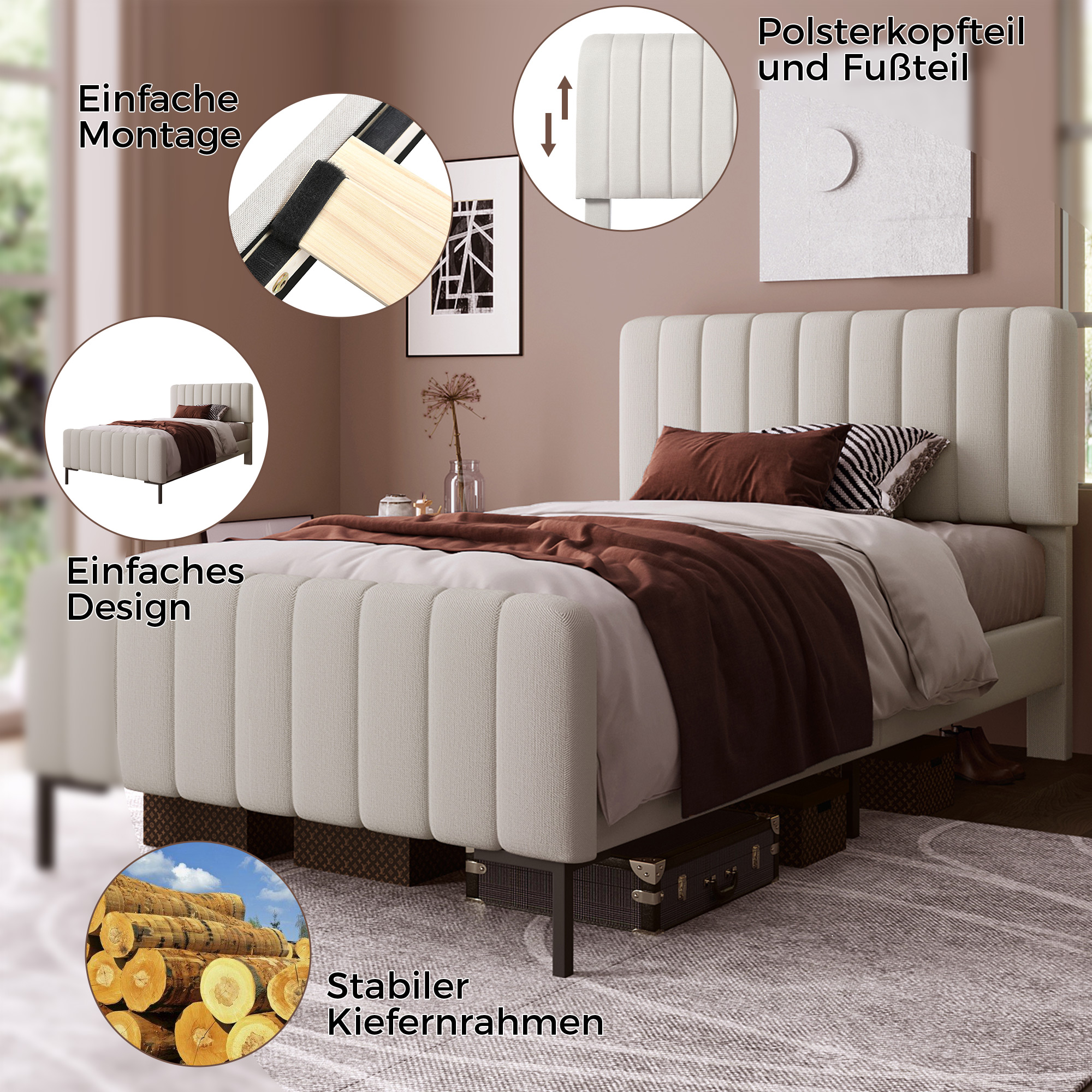 Lit rembourré 90x200 avec sommier à lattes, cadre de lit capitonné gris beige, tête de lit ajustable, lit robuste 150kg