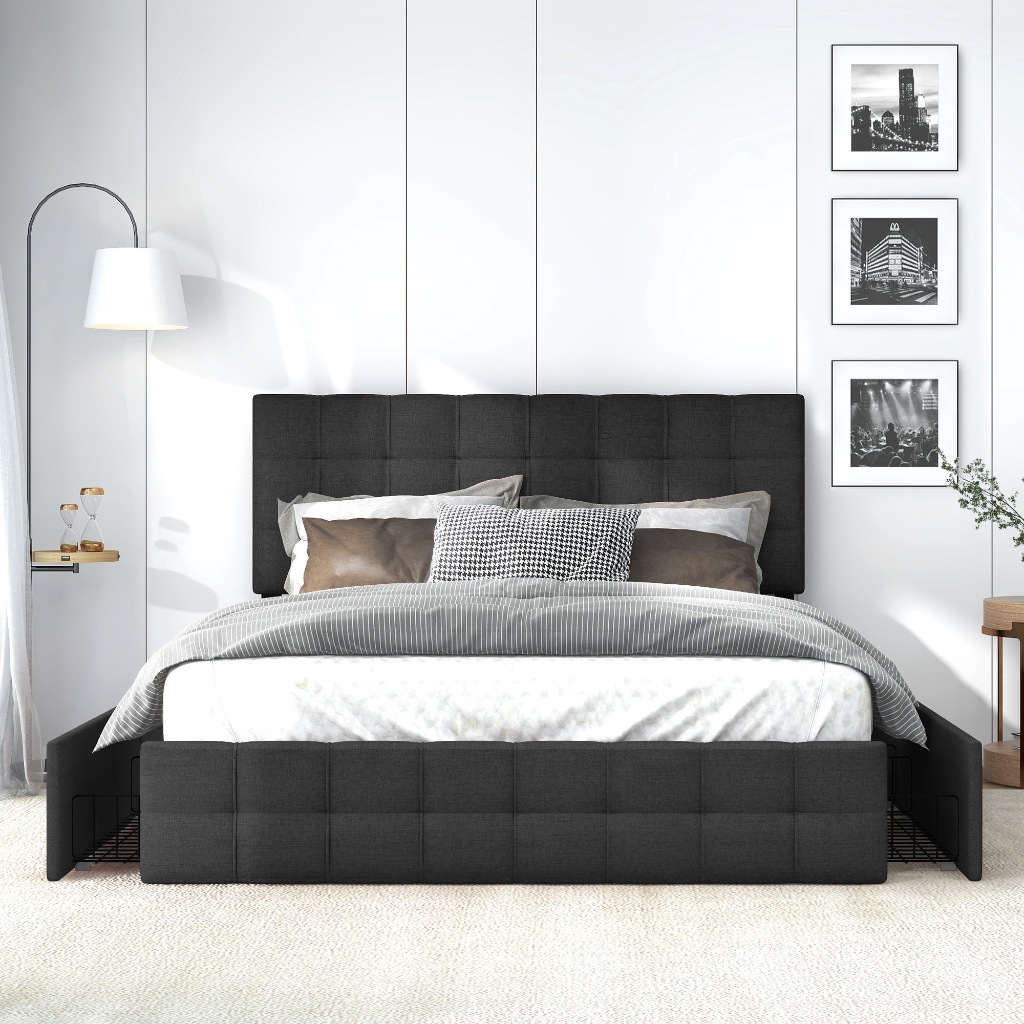 lit coffre 140x200 noir en tissu lin avec tête de lit rembourrée et sommier à lattes métallique, 4 tiroirs de rangement