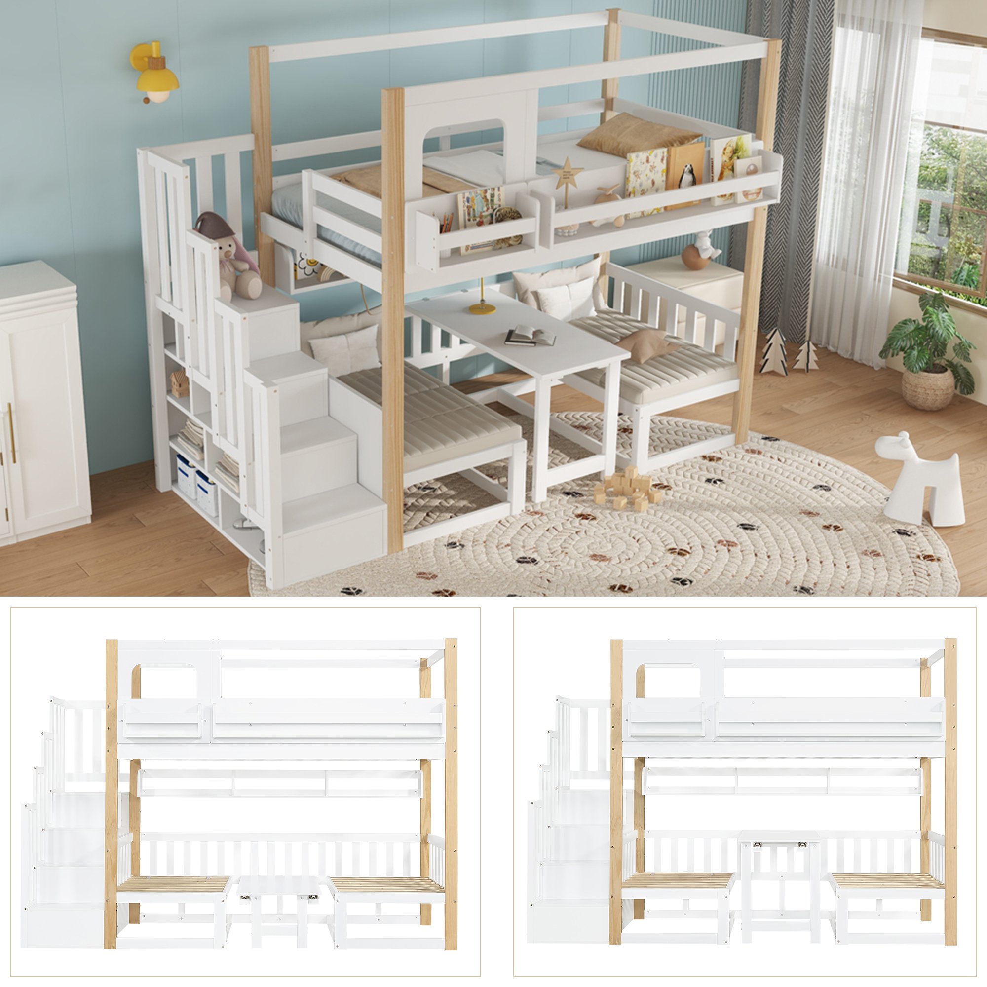 Lit superposé enfant 90x200 en bois blanc et naturel avec bureau rabattable et rangement