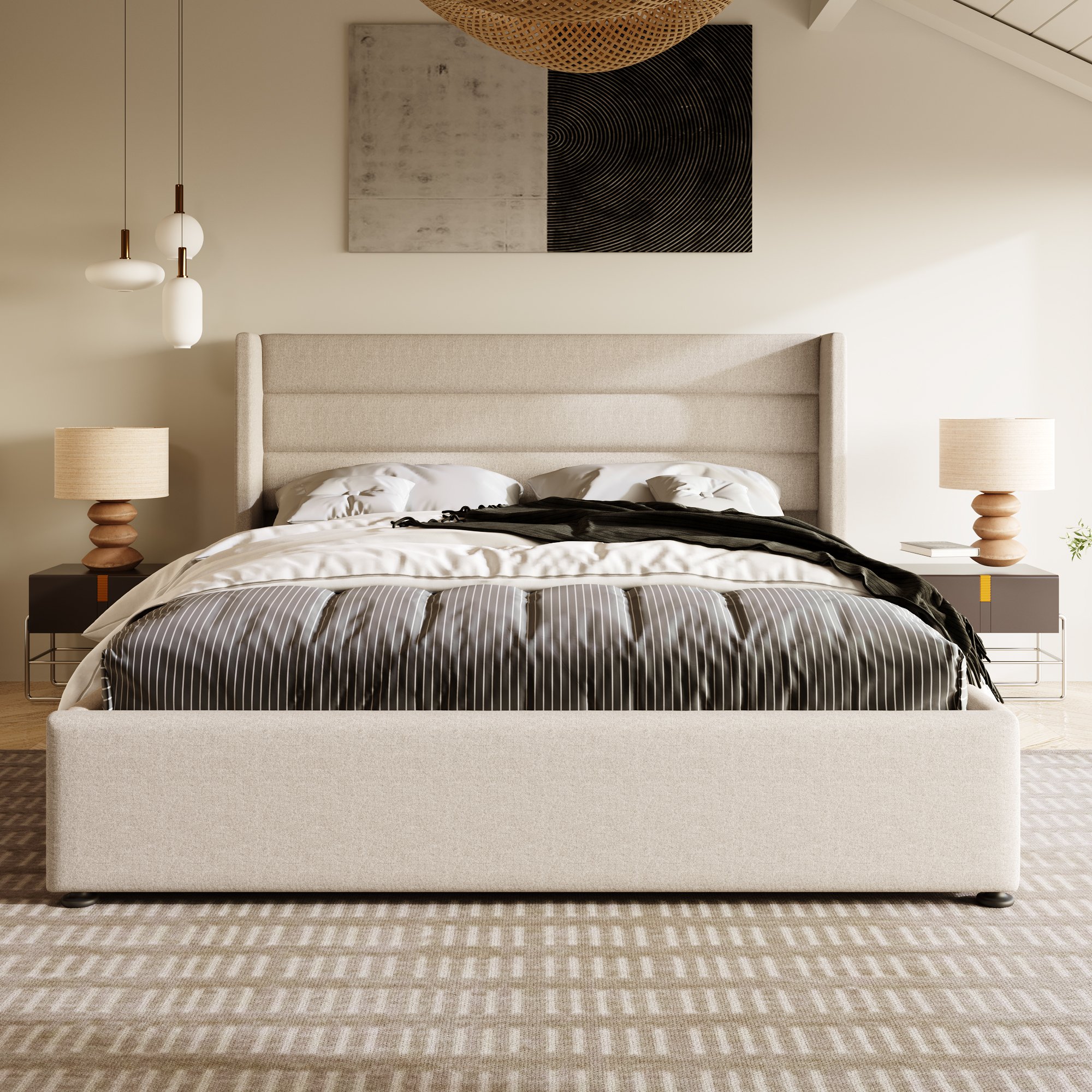 lit coffre 160x200 avec système hydraulique pour rangement sous matelas et tête de lit rembourrée confortable