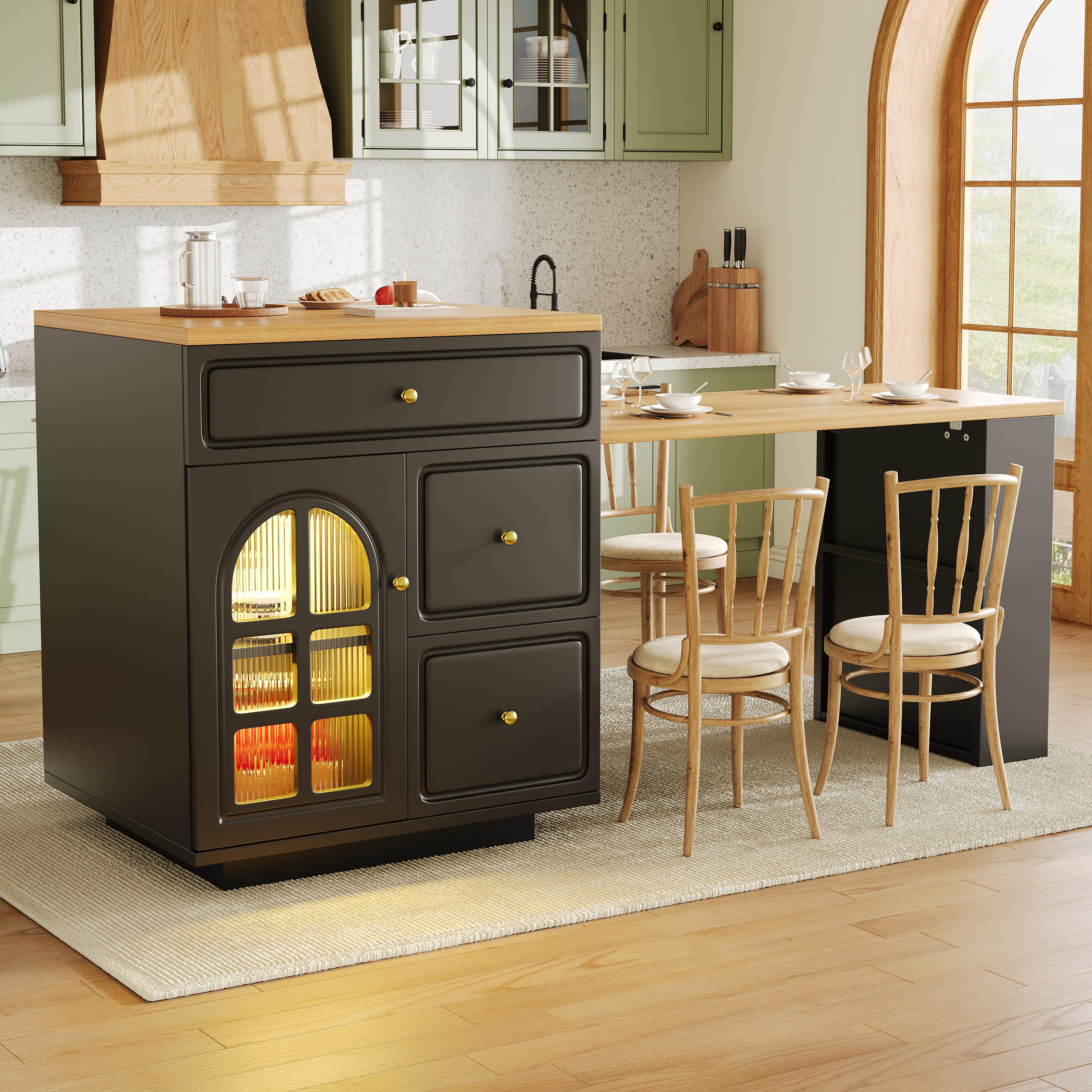 Îlot de cuisine extensible 122,5-195,5 cm, noir, avec tiroirs, LED RGB et vitrine, pour cuisine et bar, Panneau composite de fibres de bois à densité et métal