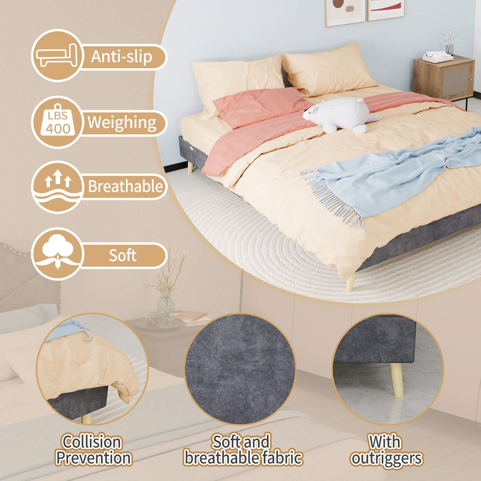 Lit coffre 160x200 avec sommier à lattes et coffre de rangement, revêtement en velours, gris