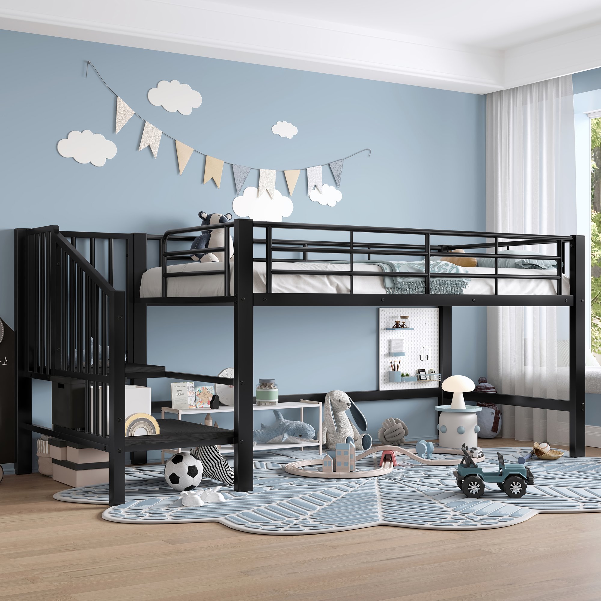 Lit mezzanine 90x200 noir avec escalier et rangement intégré, cadre métallique robuste