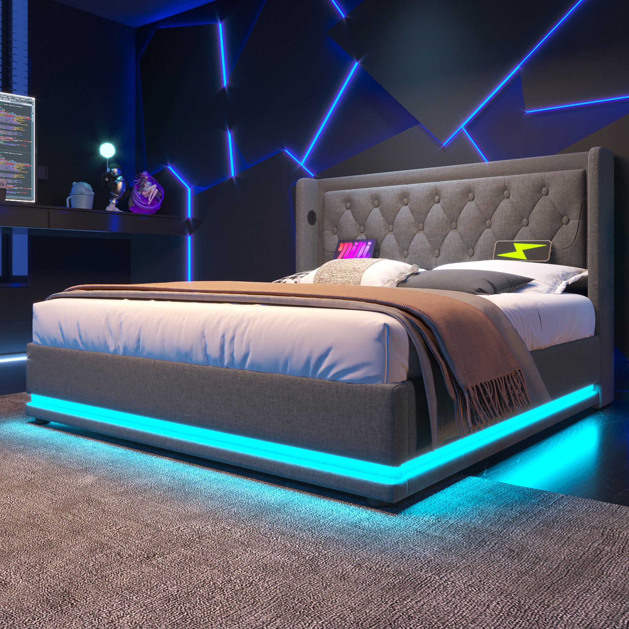 lit coffre 180x200 gris avec LED RGB, USB Type-C et rangement hydraulique, tête de lit rembourrée capitonnée