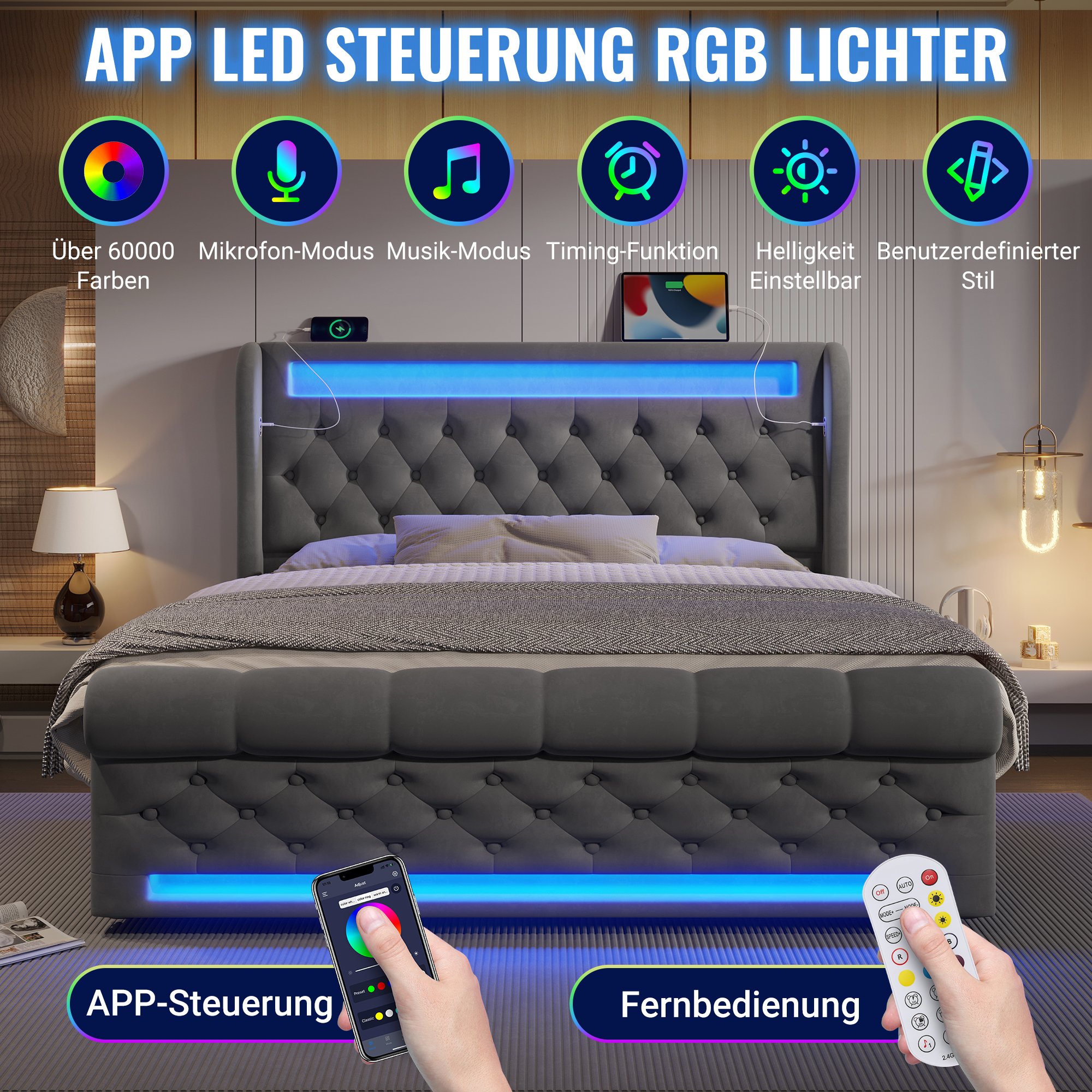 Lit LED 160x200 avec matelas, lit coffre velours gris avec rangement hydraulique, ports USB/Type-C et design contemporain