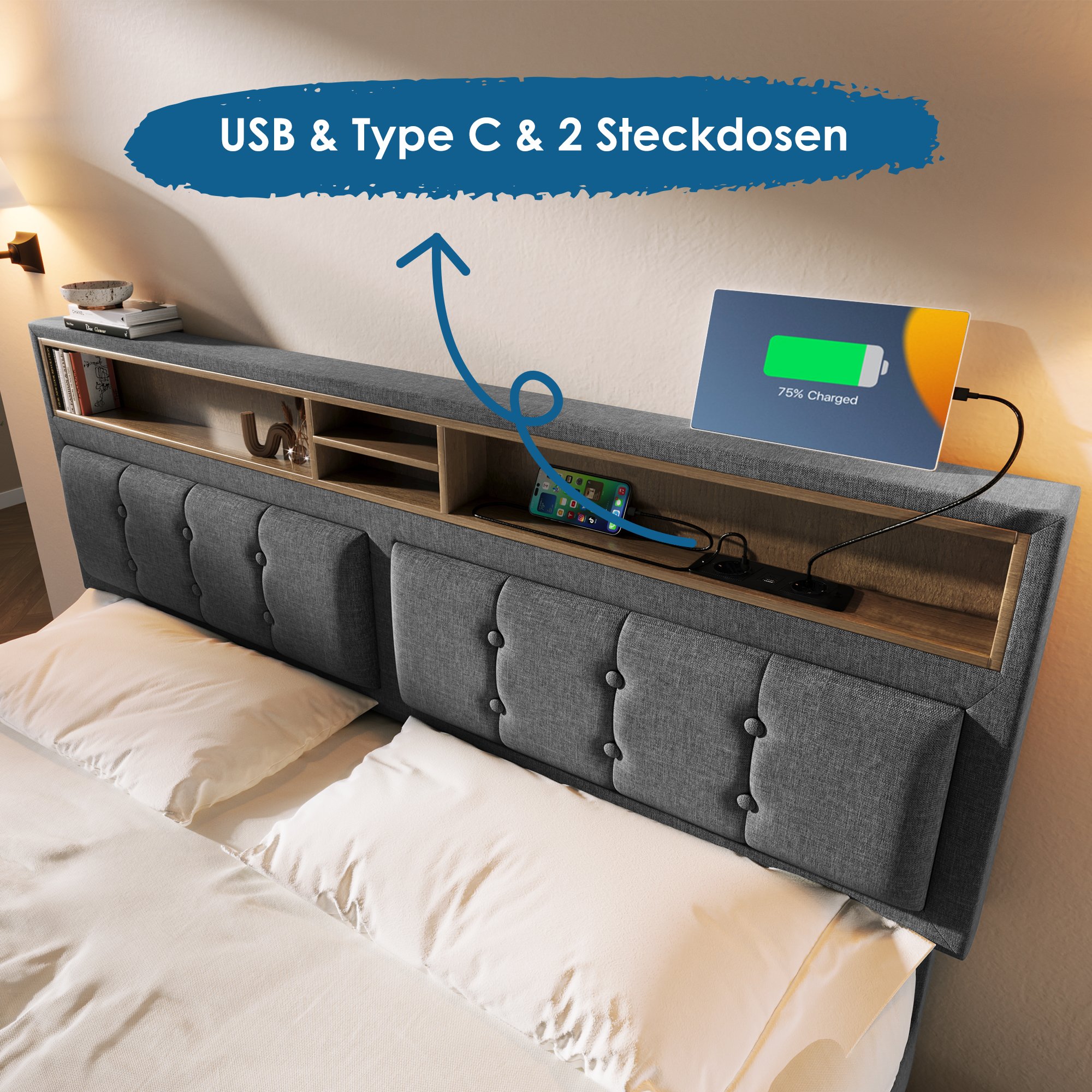 Lit double rembourré 140x200 avec sommier et matelas, lit coffre gris 4 tiroirs USB