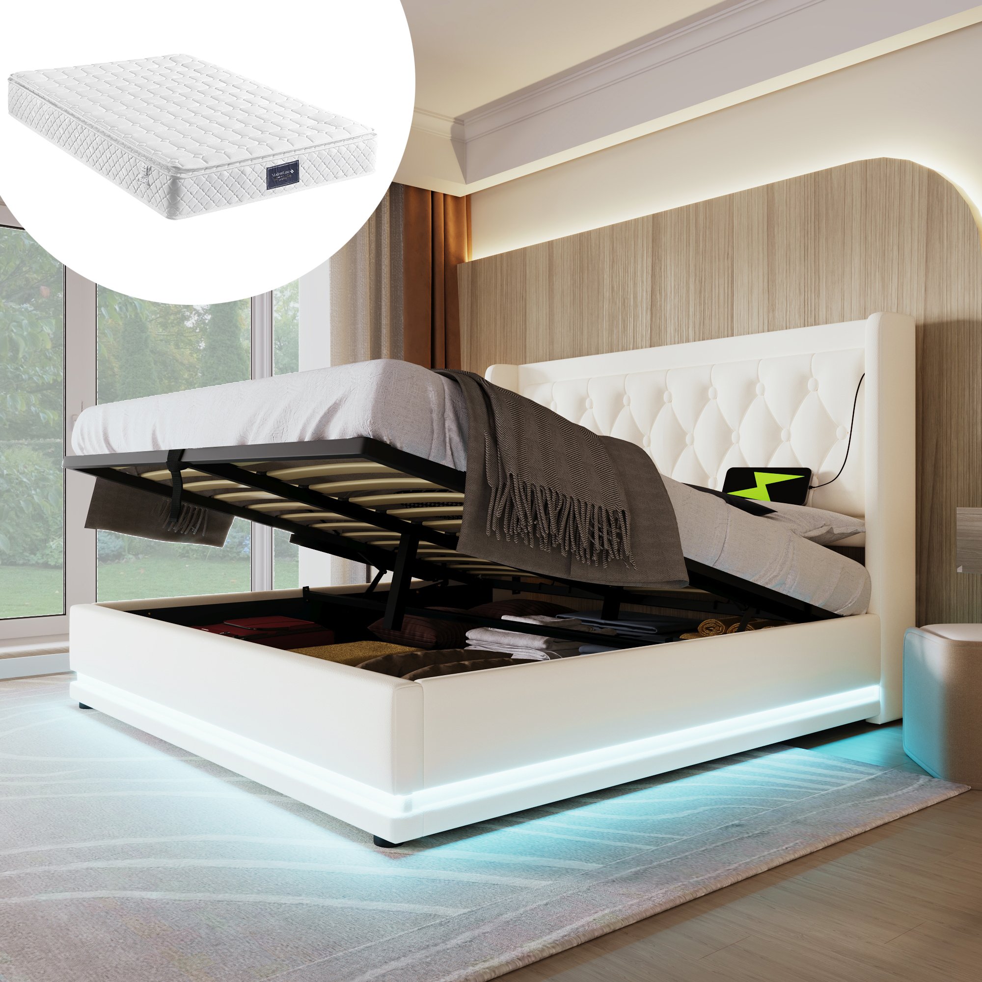 Lit coffre 140x200 blanc avec LED RGB, USB Type-C, rangement hydraulique et tête de lit rembourrée