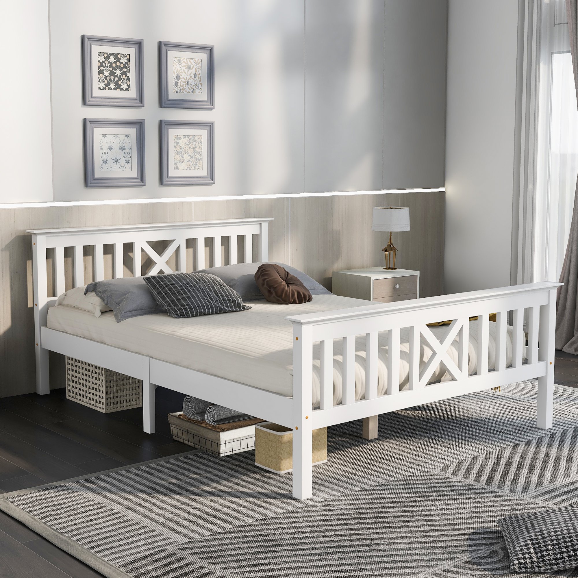Lit double 140x200 en pin massif blanc avec tête de lit en X et sommier à lattes, cadre de lit robuste pour chambre adulte