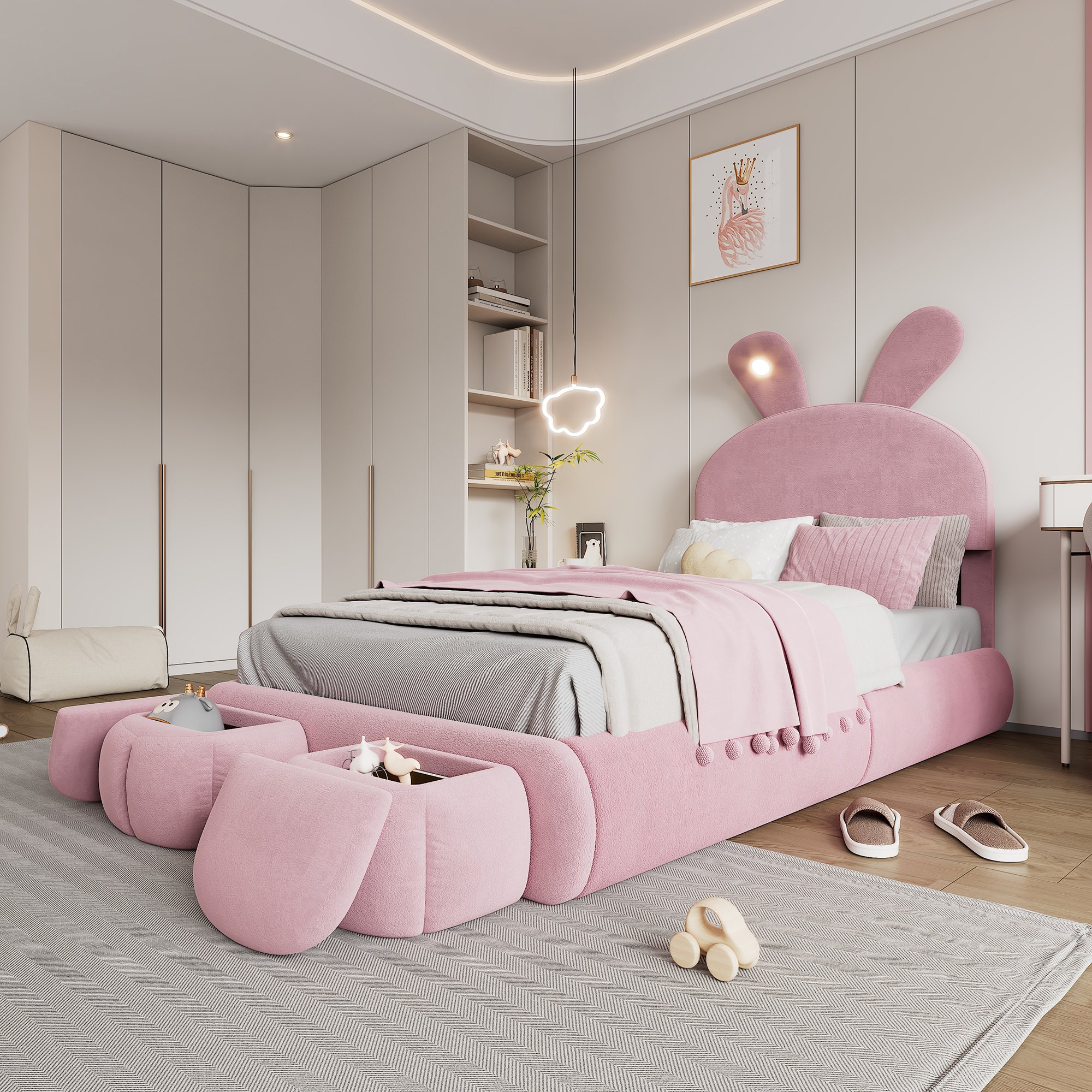 Lit enfant avec rangement et éclairage LED, 90x200, velours rose, avec deux tabourets de rangement