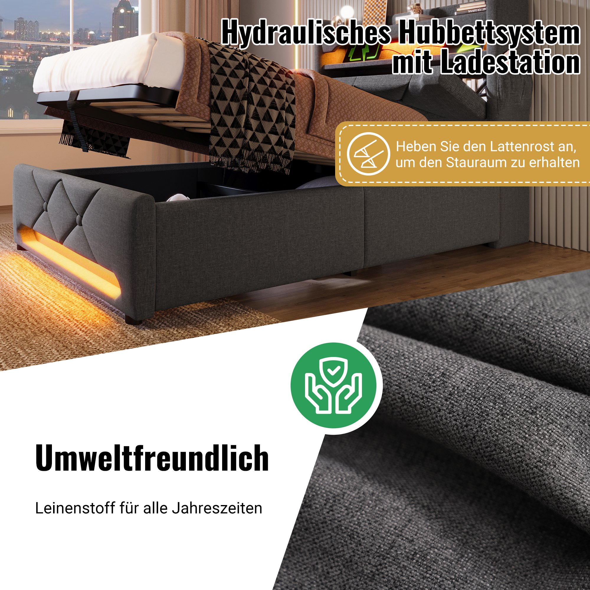 Lit coffre 160x200 gris avec LED RGB connectée, ports charge rapide USB/Type-C et espace de rangement multi-niveaux