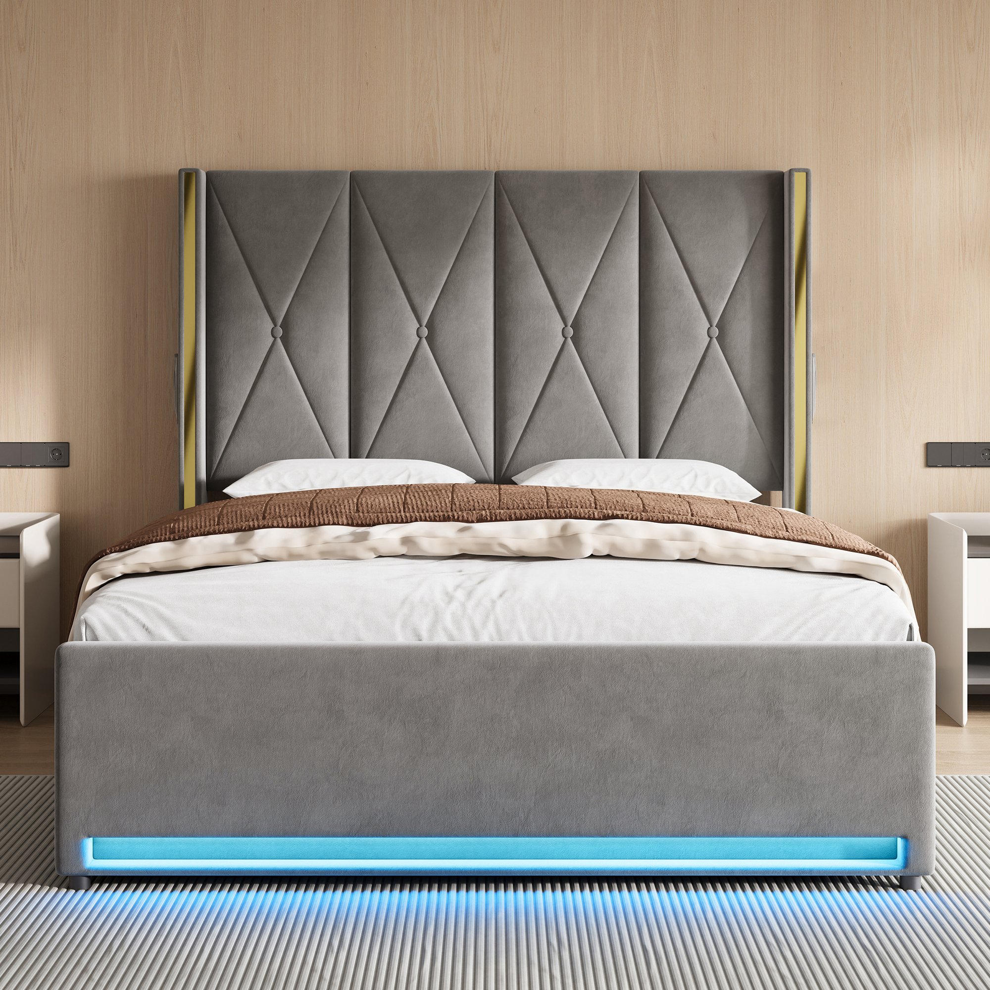 Lit coffre 160x200 en velours gris avec rangement hydraulique, LED, USB et tête de lit rembourrée