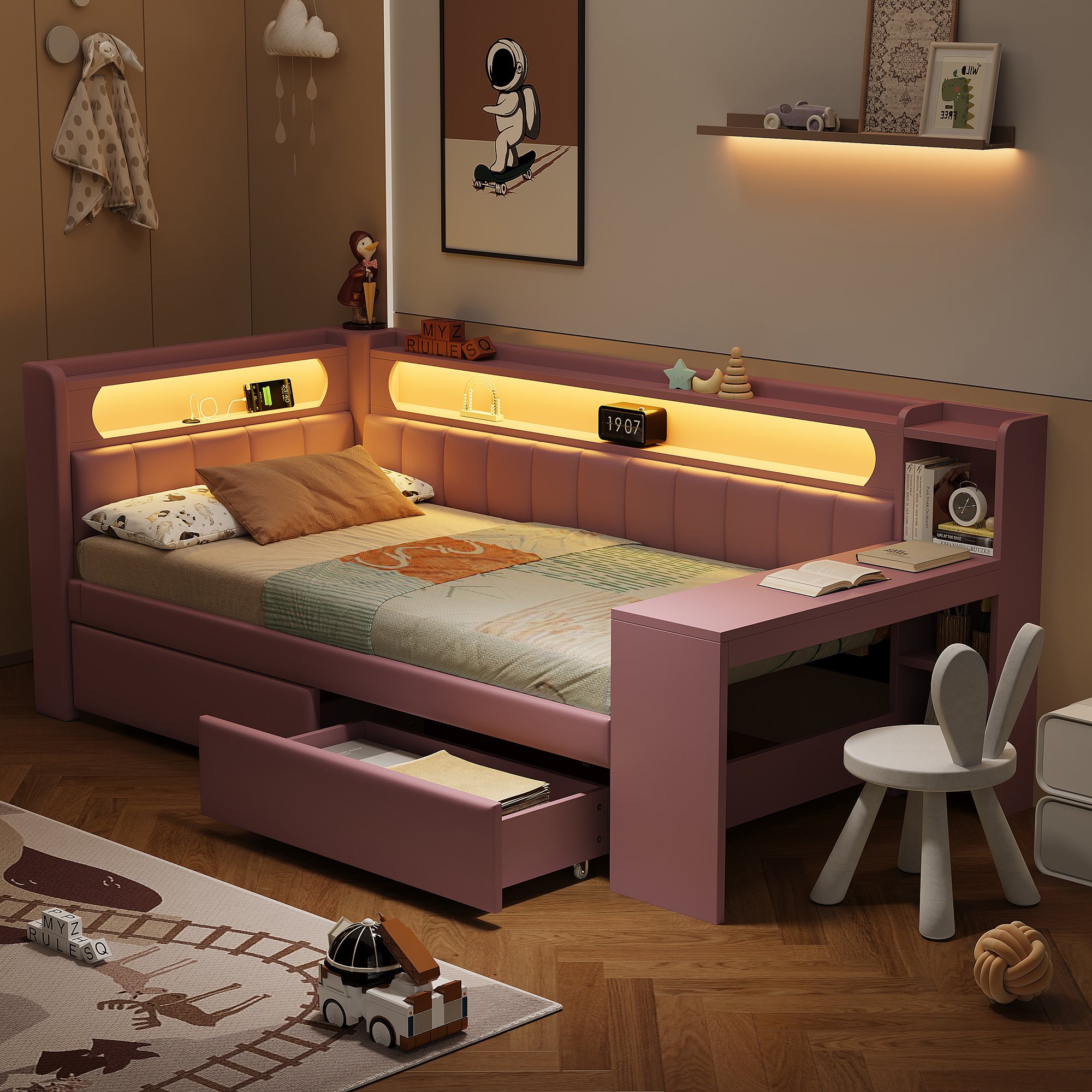 Lit coffre 90x200 avec bureau, tiroirs et LED, pour chambre d'enfant