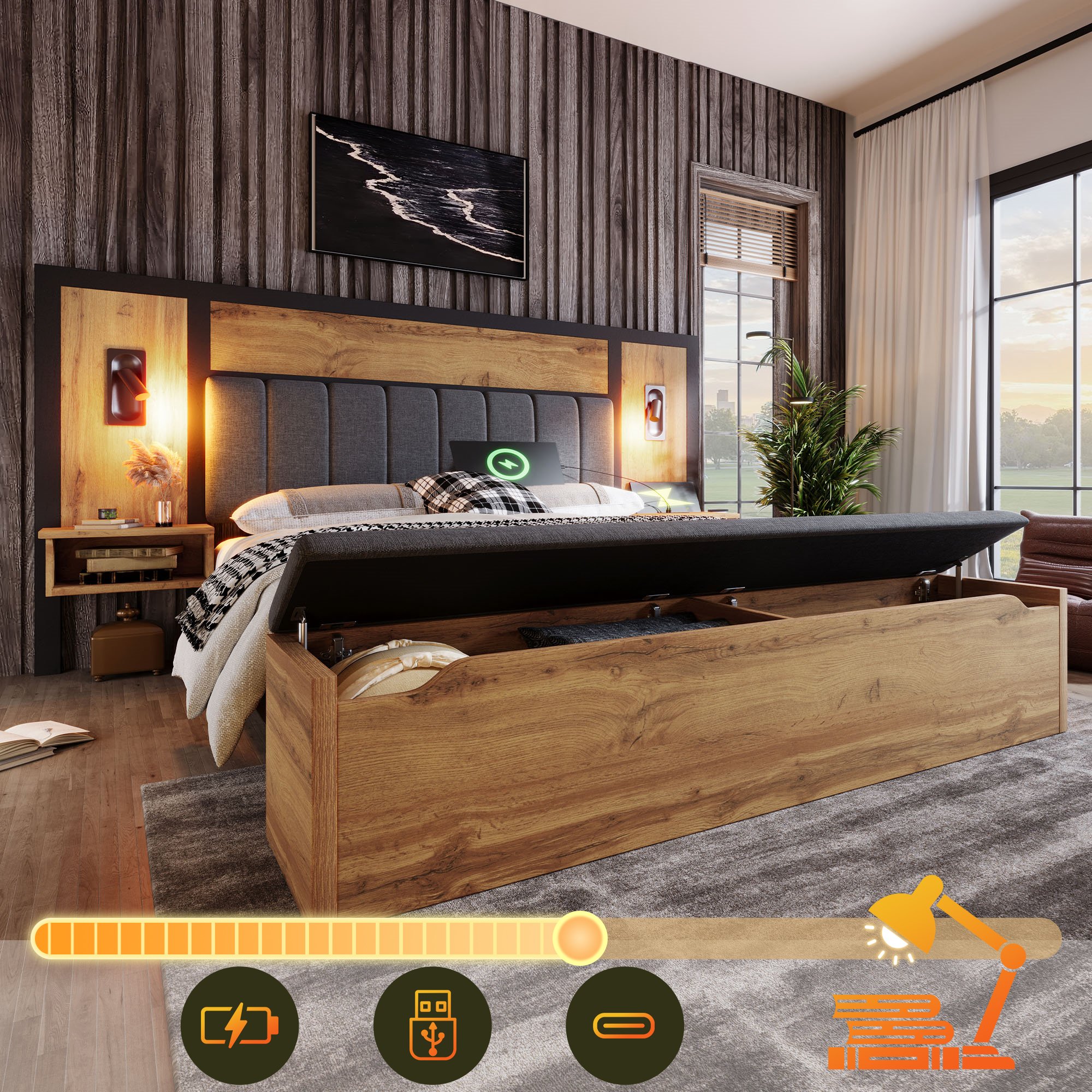 lit double 160x200 avec matelas et sommier, lit coffre rangement hydraulique, LED tactile et USB Type-C, structure chêne et métal