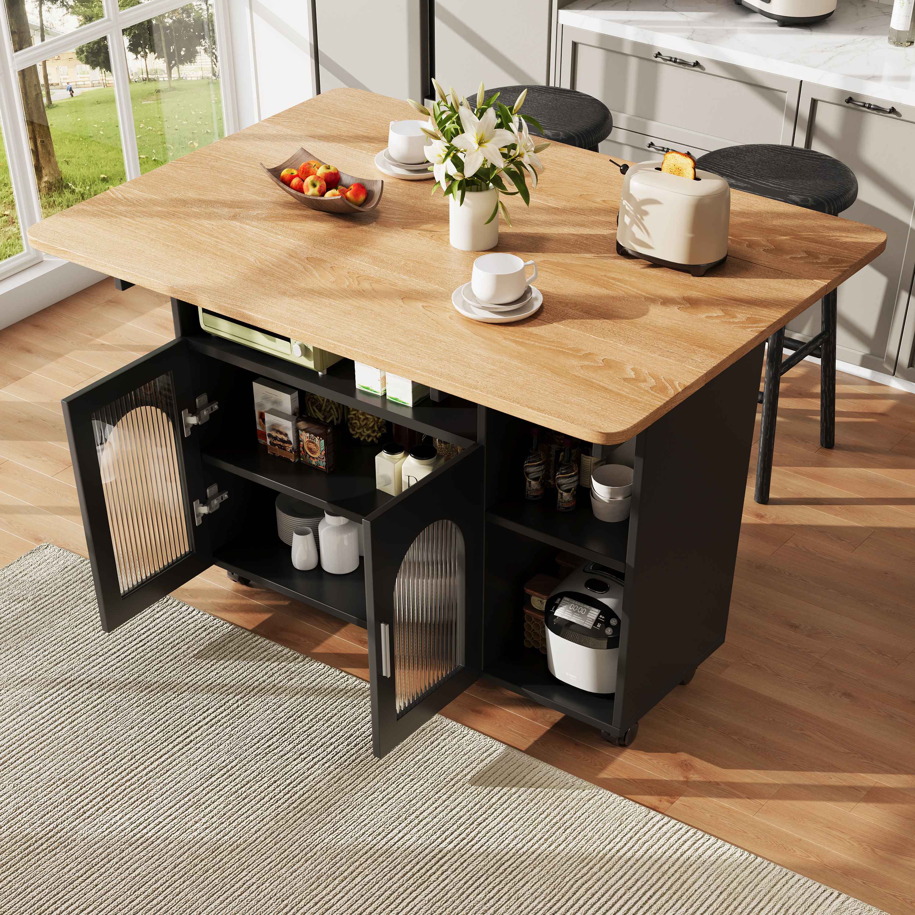 Îlot de cuisine avec rangement, noir et bois, plan de travail extensible, étagères et placards, sur roulettes, 120x30x79,5 cm