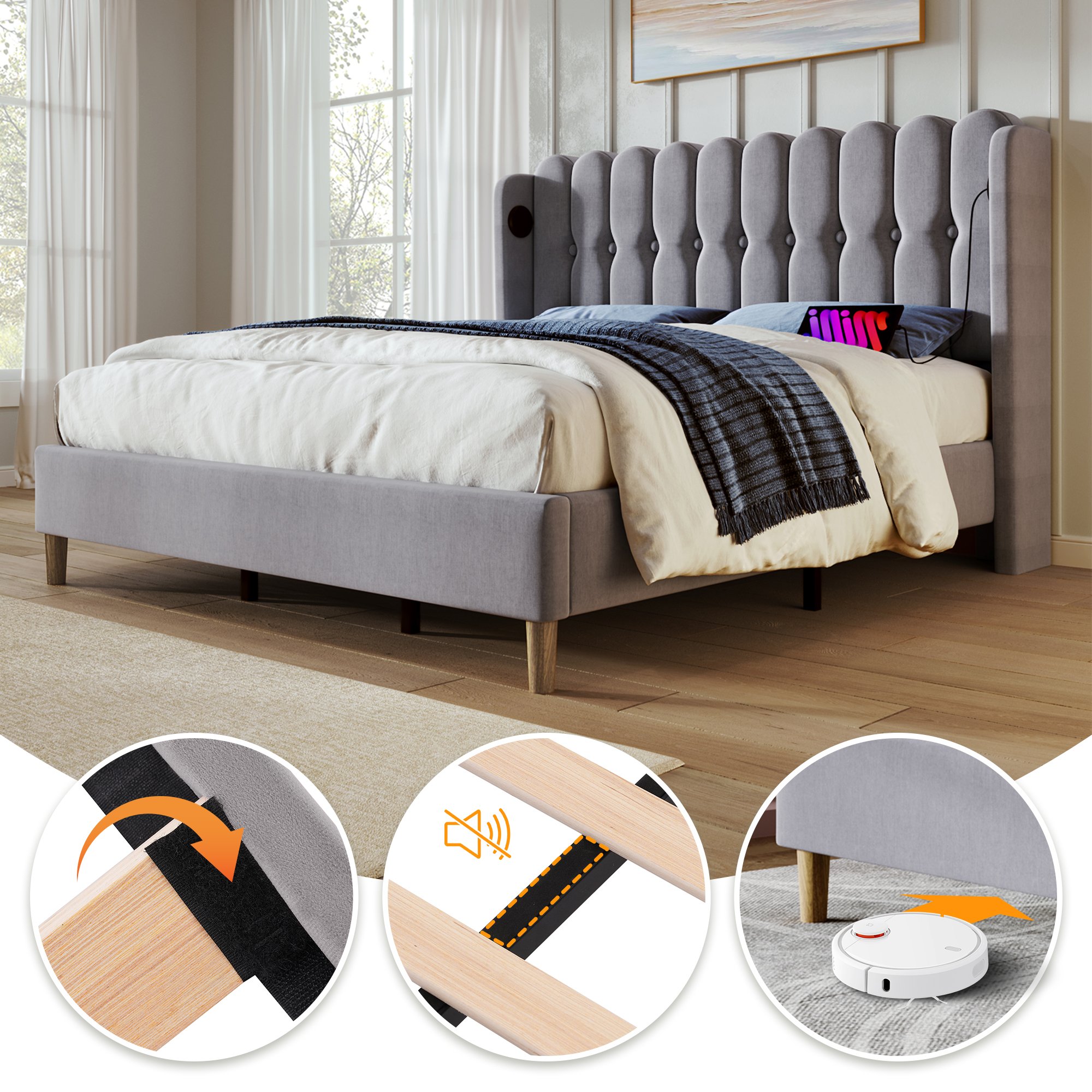lit double rembourré 140x200 avec sommier à lattes et ports USB Type-C intégrés au dossier pour recharge facile