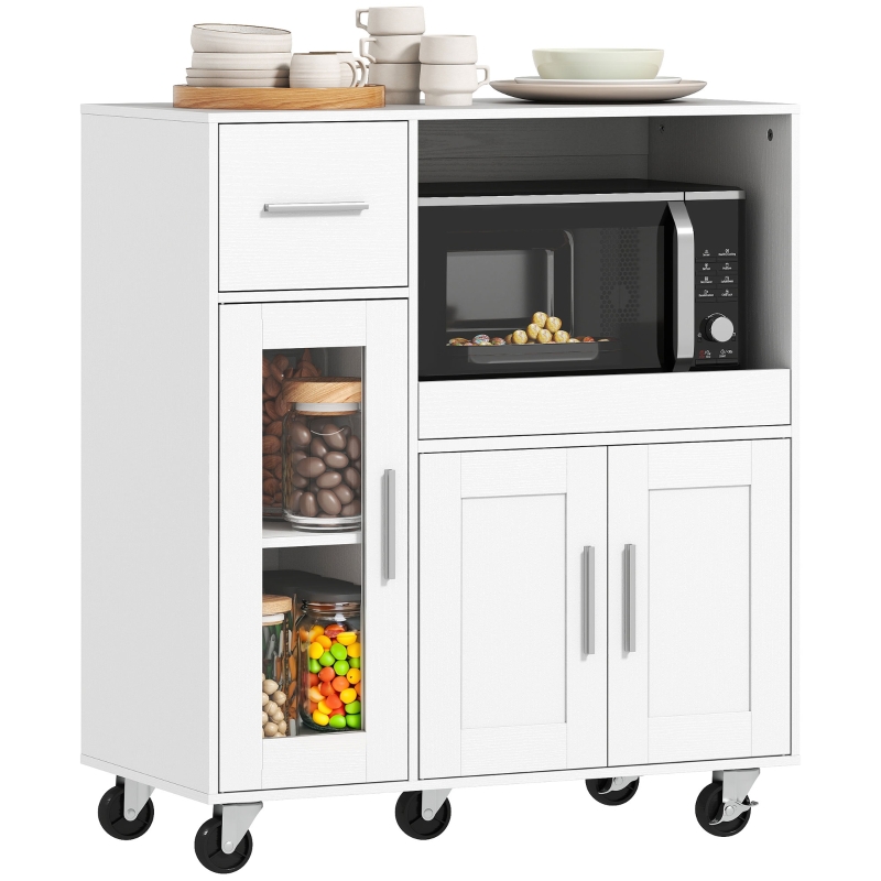 Îlot cuisine sur roulette blanc avec rangement, tiroir, placards, étagère réglable et tablette coulissante, 80x40x88,7 cm