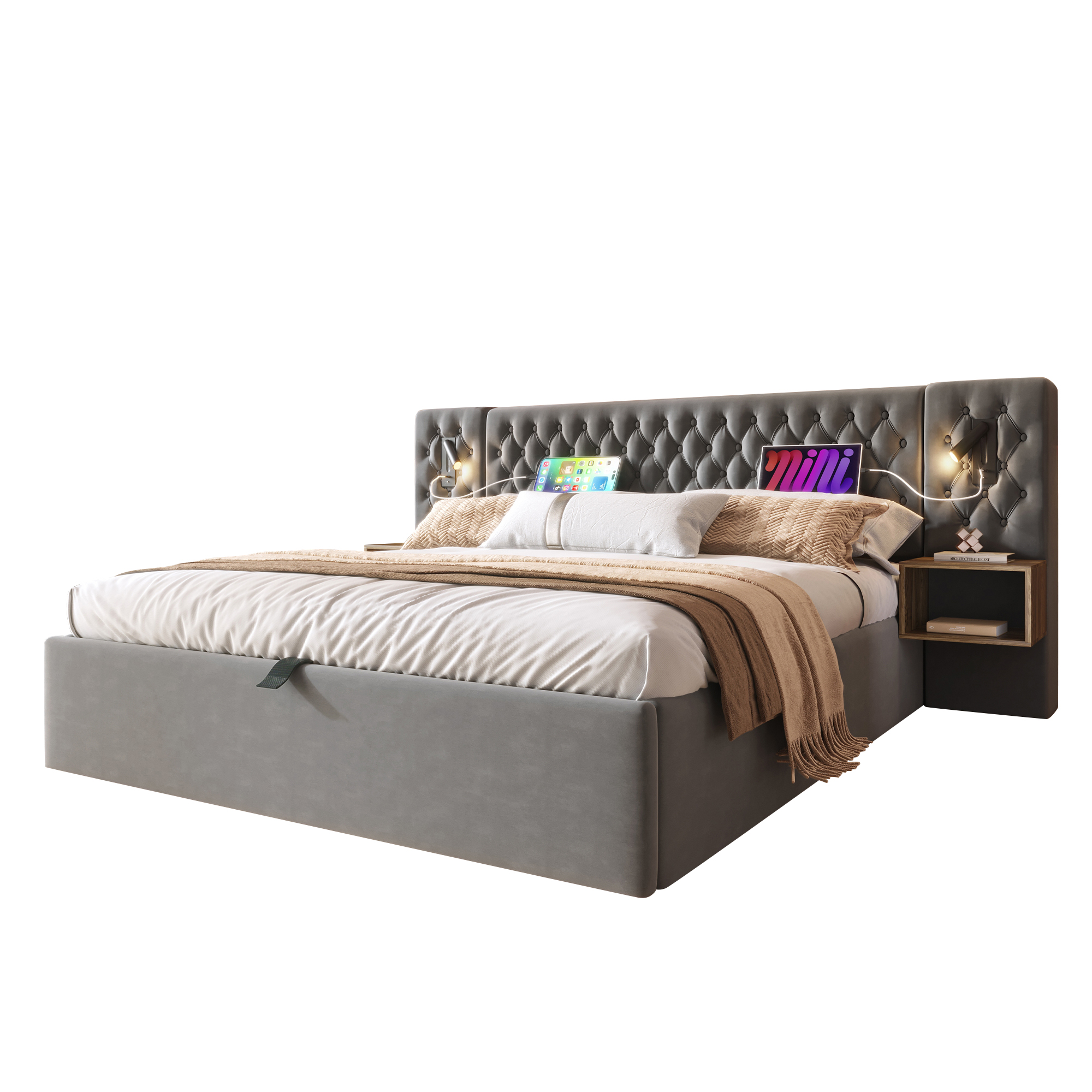 Lit coffre 160x200 velours gris avec matelas ressorts ensachés, LED USB, rangement hydraulique et tables de chevet