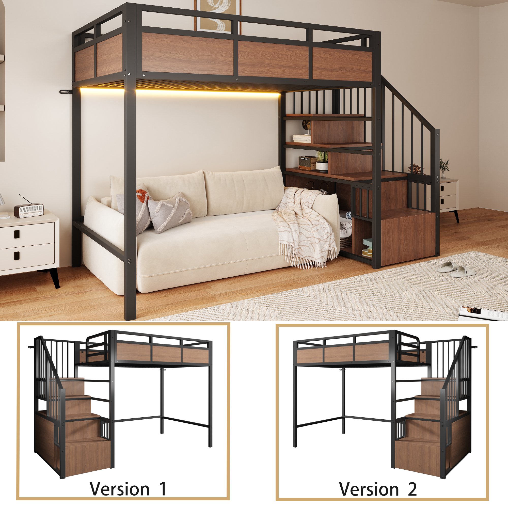 Lit mezzanine 90x200 cm avec échelle de rangement et LED intégrée, sécurité renforcée
