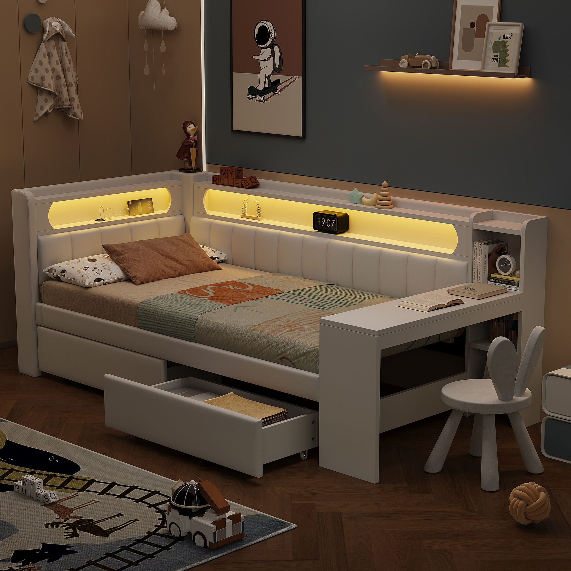 Lit coffre 90x200 avec LED 7 couleurs et ports USB, bureau intégré et rangements