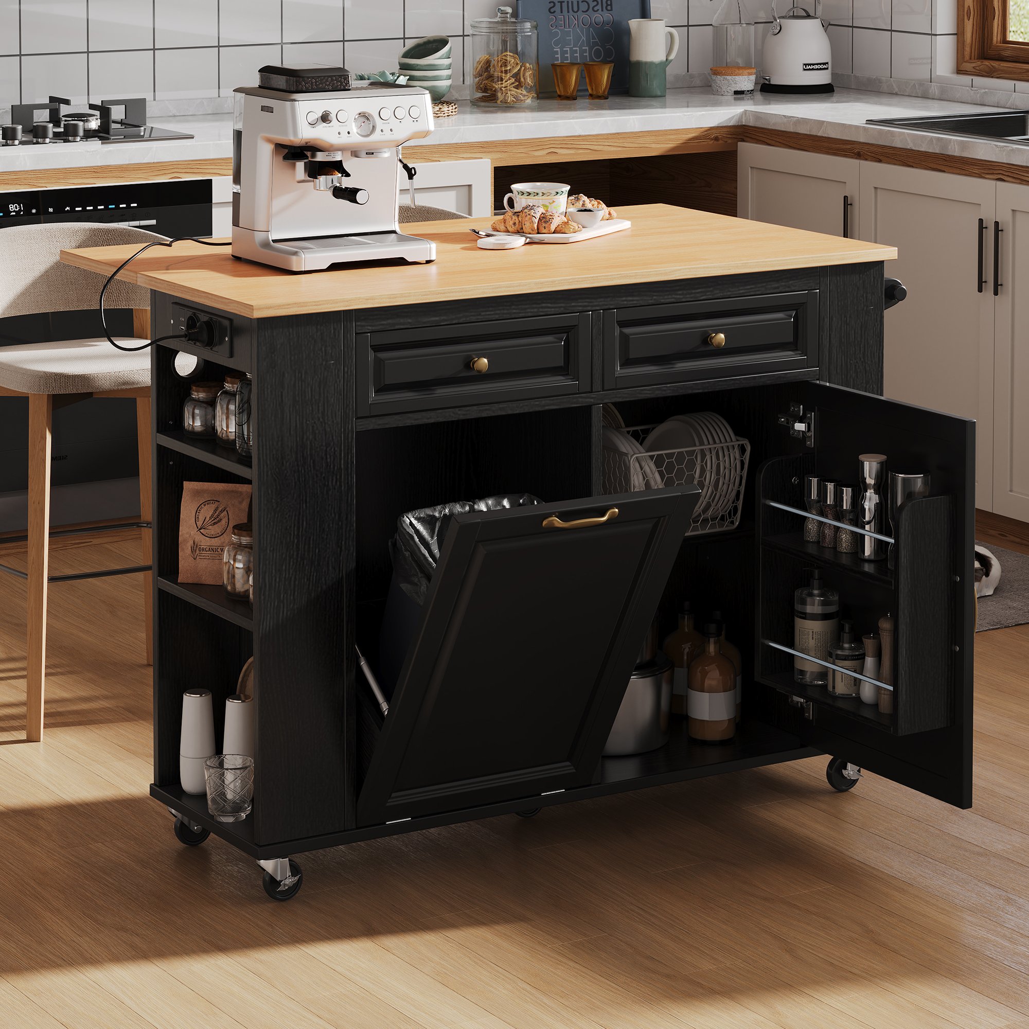 Îlot de cuisine mobile avec plan de travail escamotable, prises USB, compartiment poubelle et porte-serviettes, noir, 120 cm