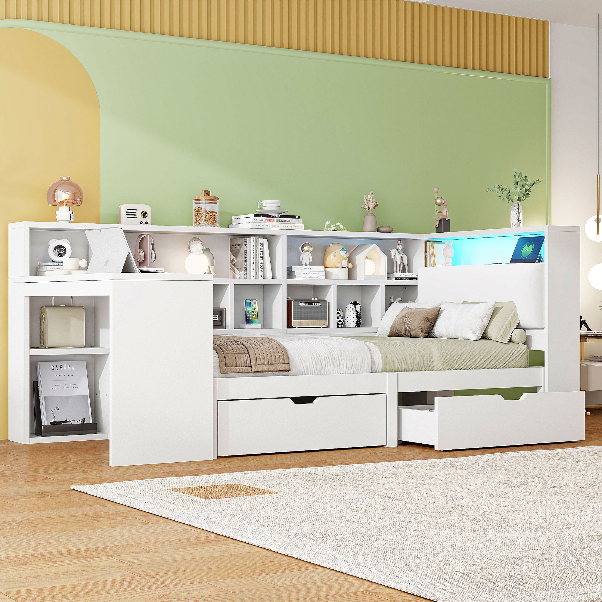 Lit mezzanine 90x200 en bois blanc avec bureau, bibliothèque et rangements, tête de lit rembourrée et LED