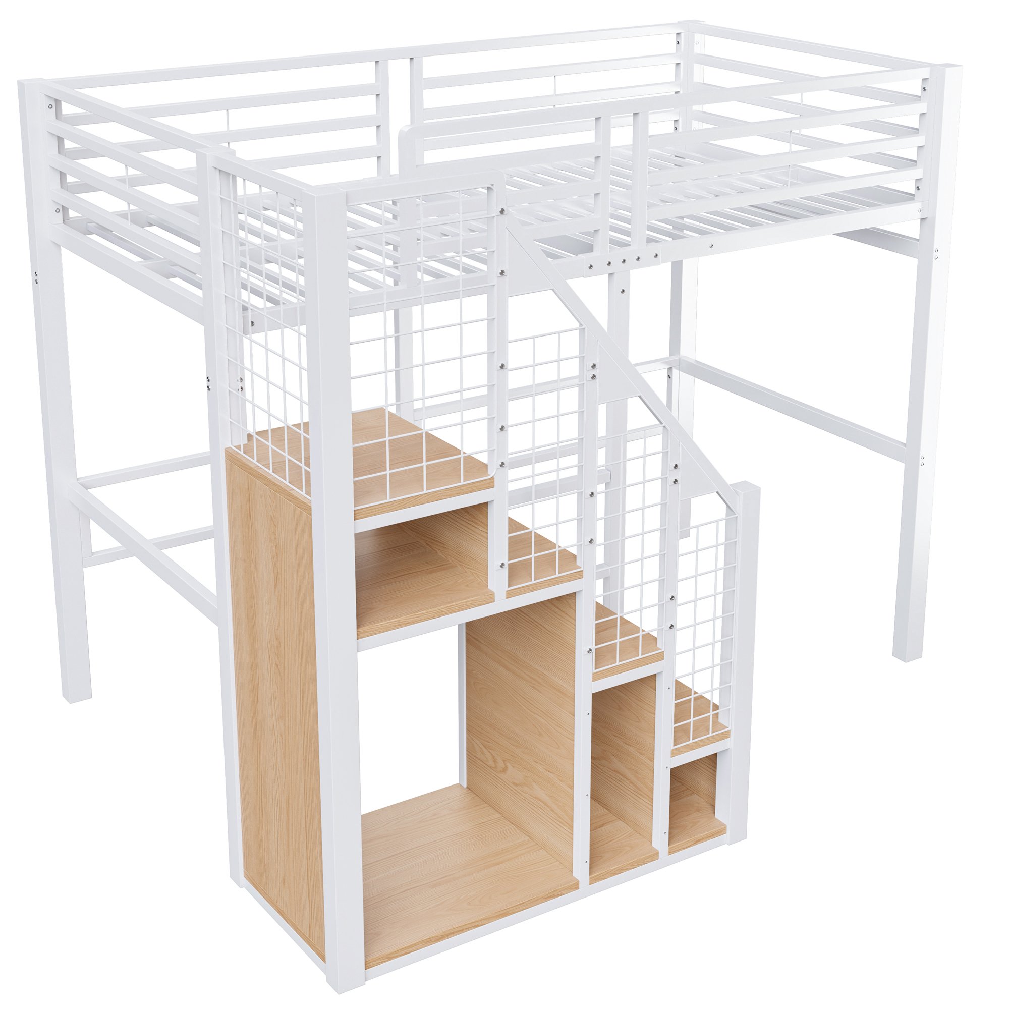 Lit mezzanine en métal blanc avec rangement, 90x200, échelle incluse