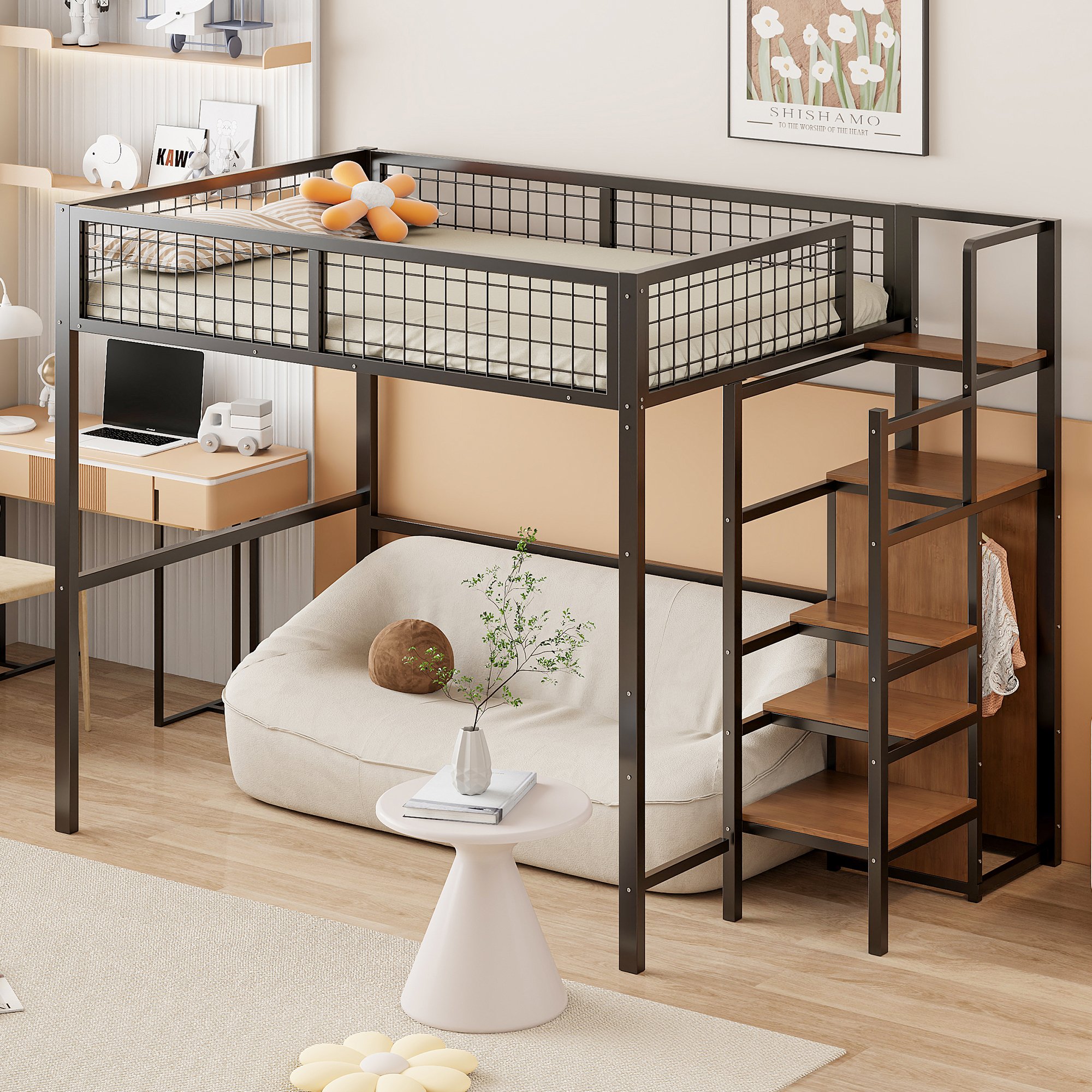 Lit mezzanine 140x200 avec rangement et échelle de sécurité, pour enfant, en métal