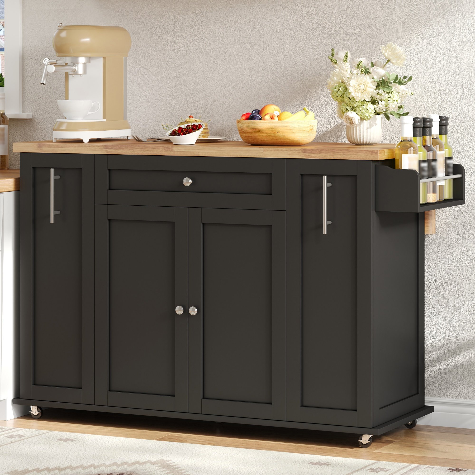 Îlot de cuisine avec plan de travail rabattable, rangement, 3 tiroirs, 2 armoires, roulettes, Panneau composite de fibres de bois à densité noir et bois naturel, 120x70x87 cm