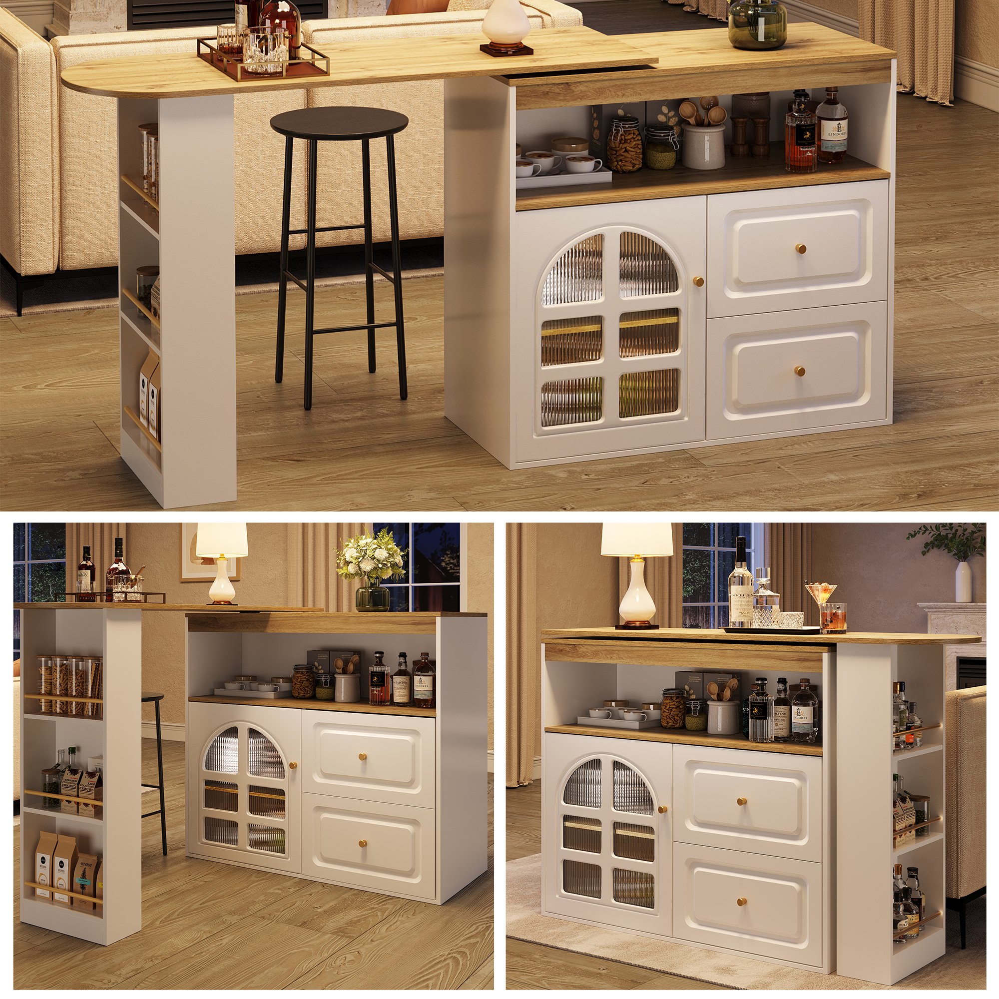 Îlot de cuisine en Panneau composite de fibres de bois à densité blanc, extensible 138-204 cm, avec portes en verre trempé, 2 tiroirs et étagères