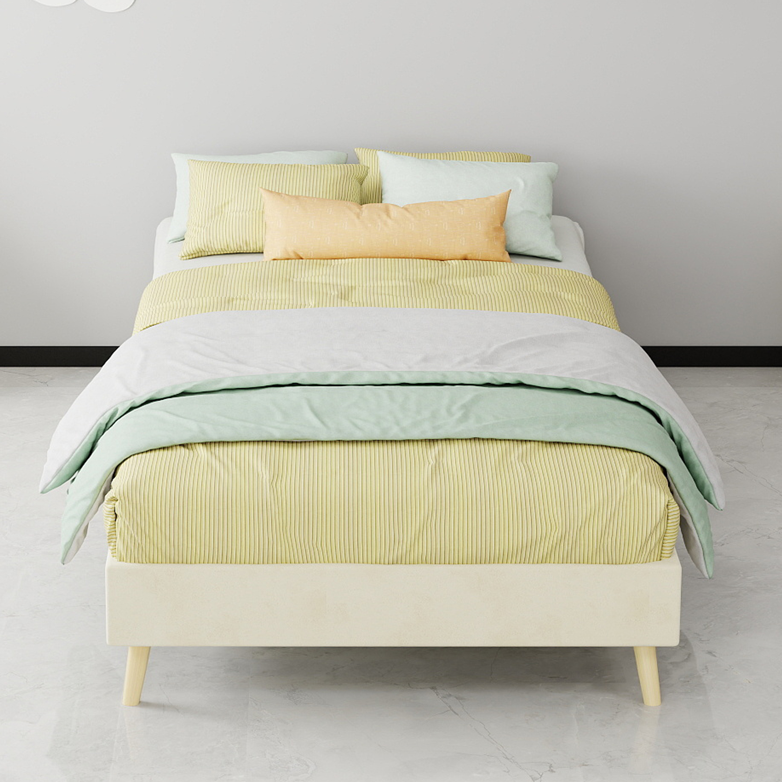 Lit rembourré en tissu velours beige, structure en panneaux de fibres et pieds en bois, 90x200 cm, design moderne