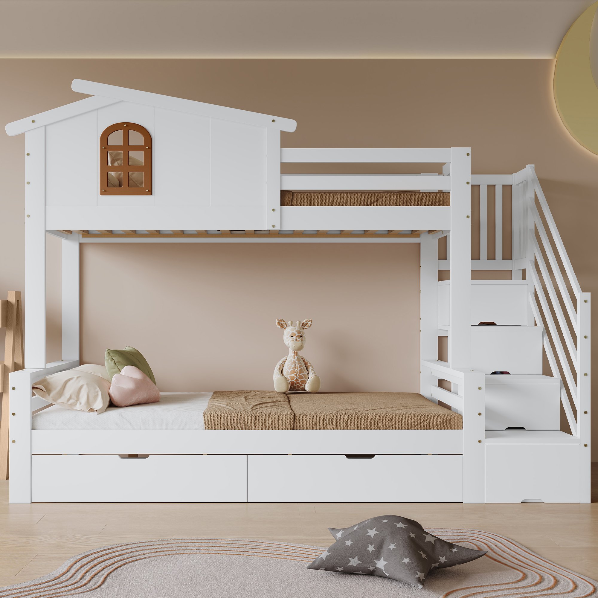 Lit superposé enfant avec rangement par 2 tiroirs et échelle d'angle sécurisée, couchages 90x200 et 120x200