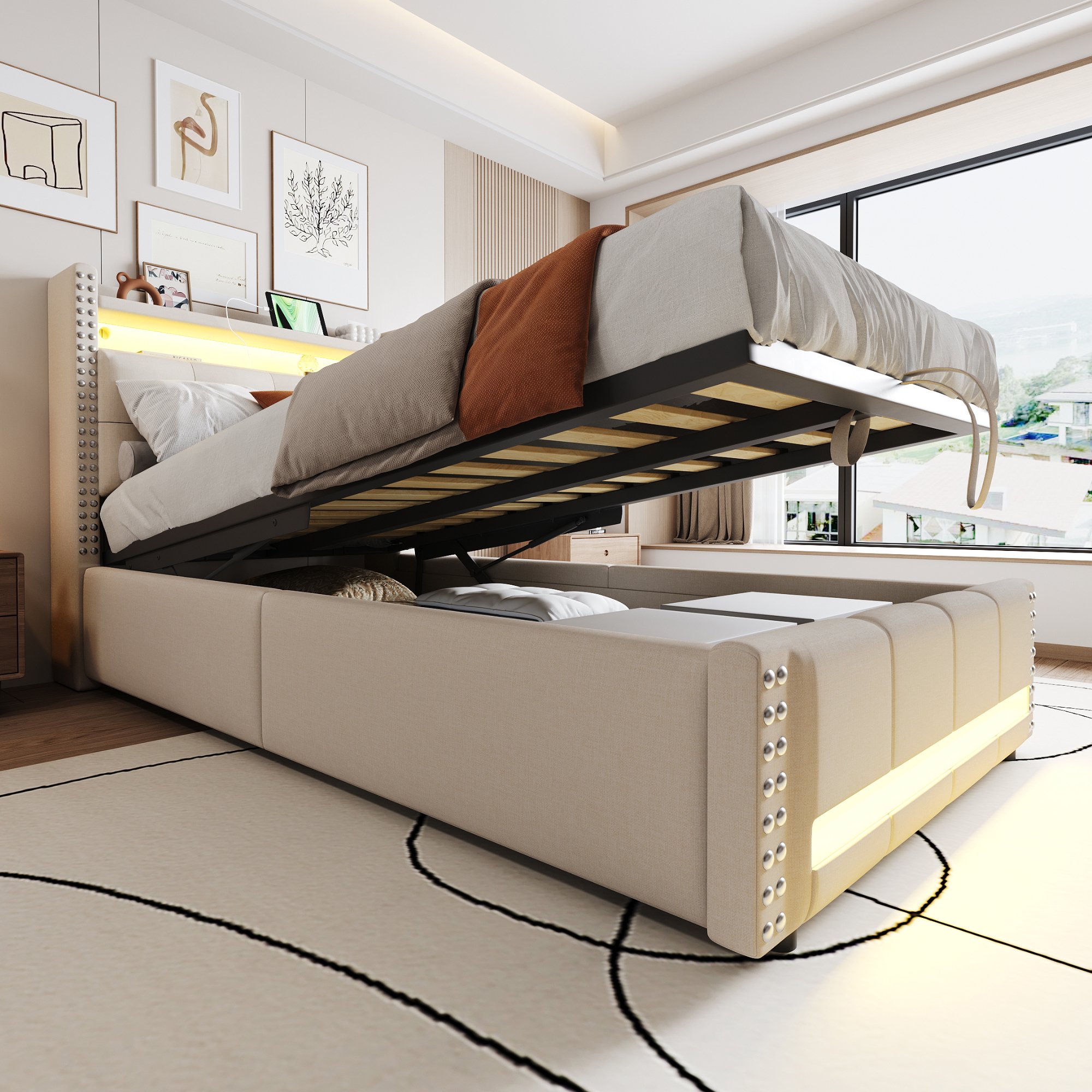 Lit coffre 90x200 cm avec sommier à lattes, LED et rangement